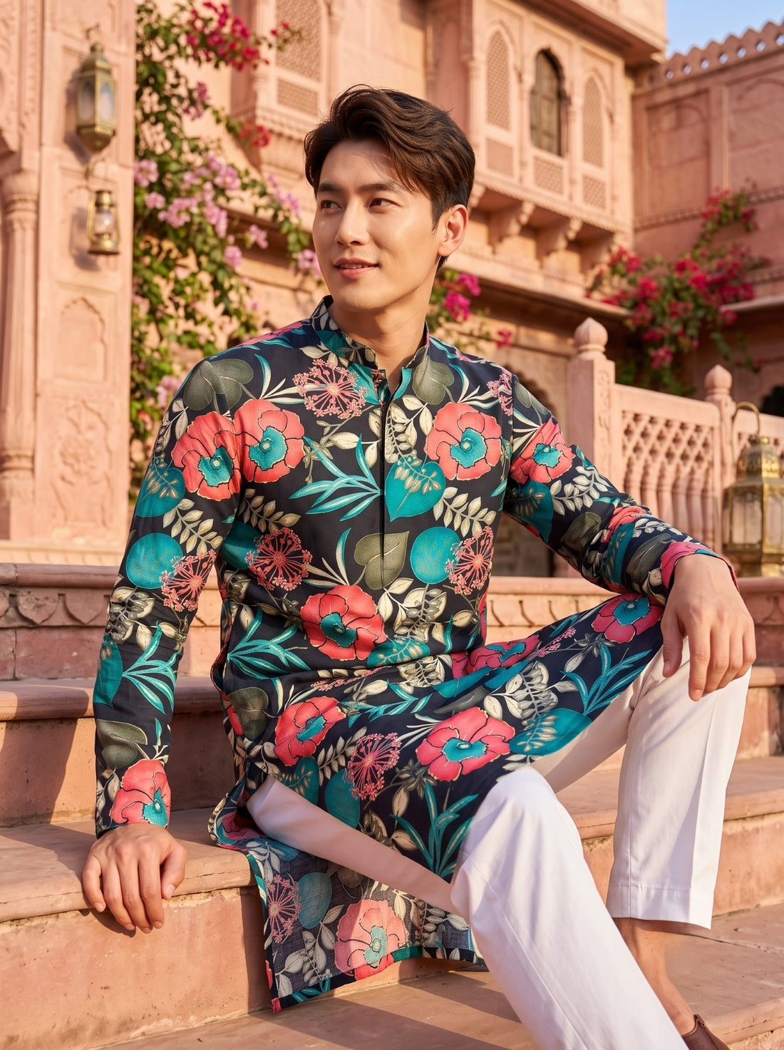 Seated styling view of TryBuy TB_21148 black kurta with pink flowers and teal botanical motifs