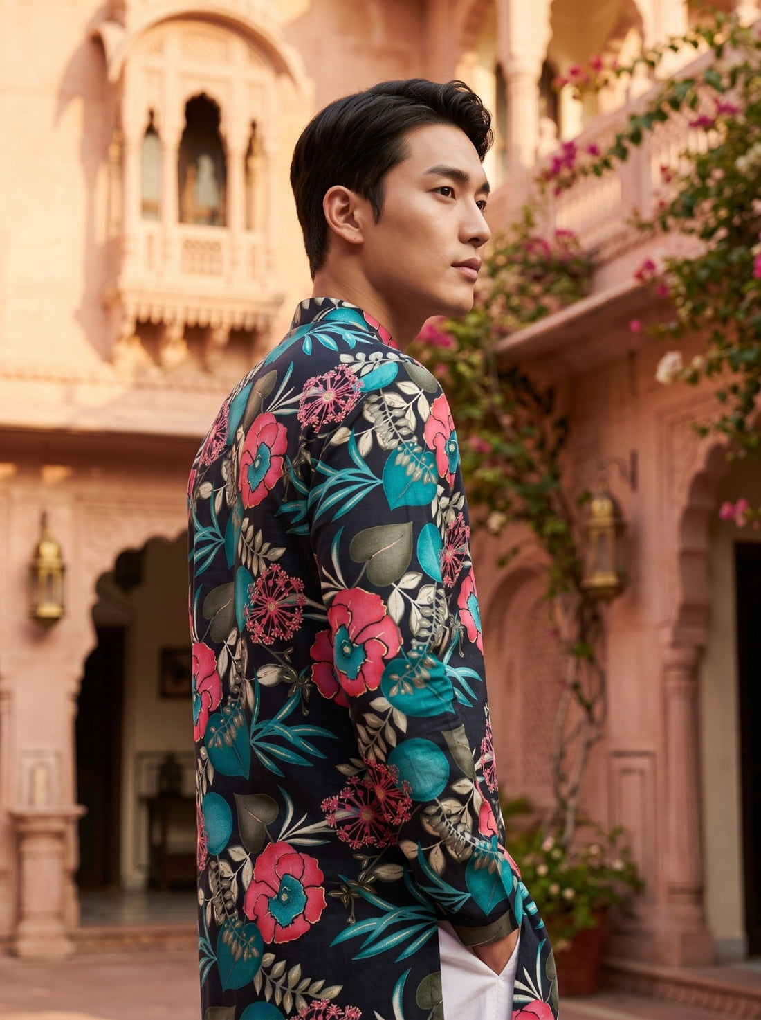 Side and back detail of TryBuy TB_21148 black tropical floral kurta showing shoulder and sleeve print