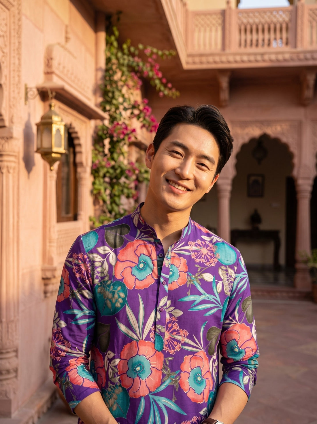 Front portrait of TryBuy TB_21149 men's purple tropical floral kurta with the sleeves styled rolled up