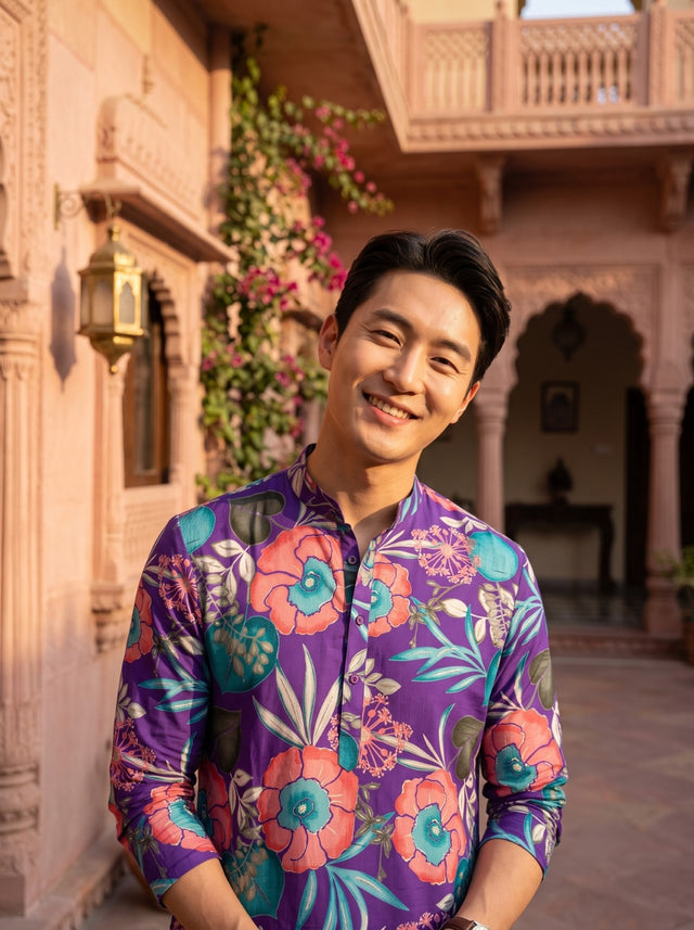 Front portrait of TryBuy TB_21149 men's purple tropical floral kurta with the sleeves styled rolled up