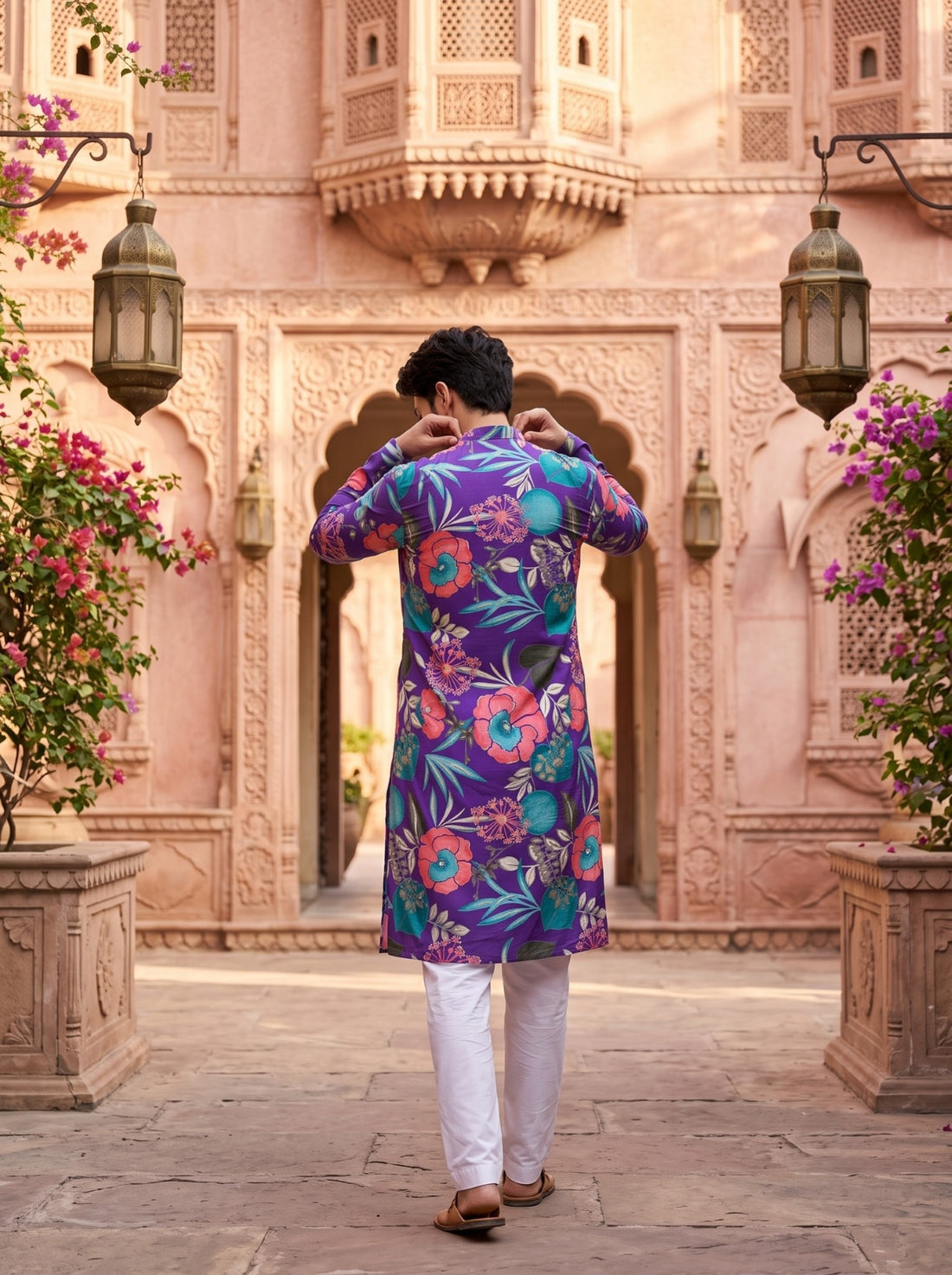 Full back view of TryBuy TB_21149 purple kurta showing the all-over tropical floral print
