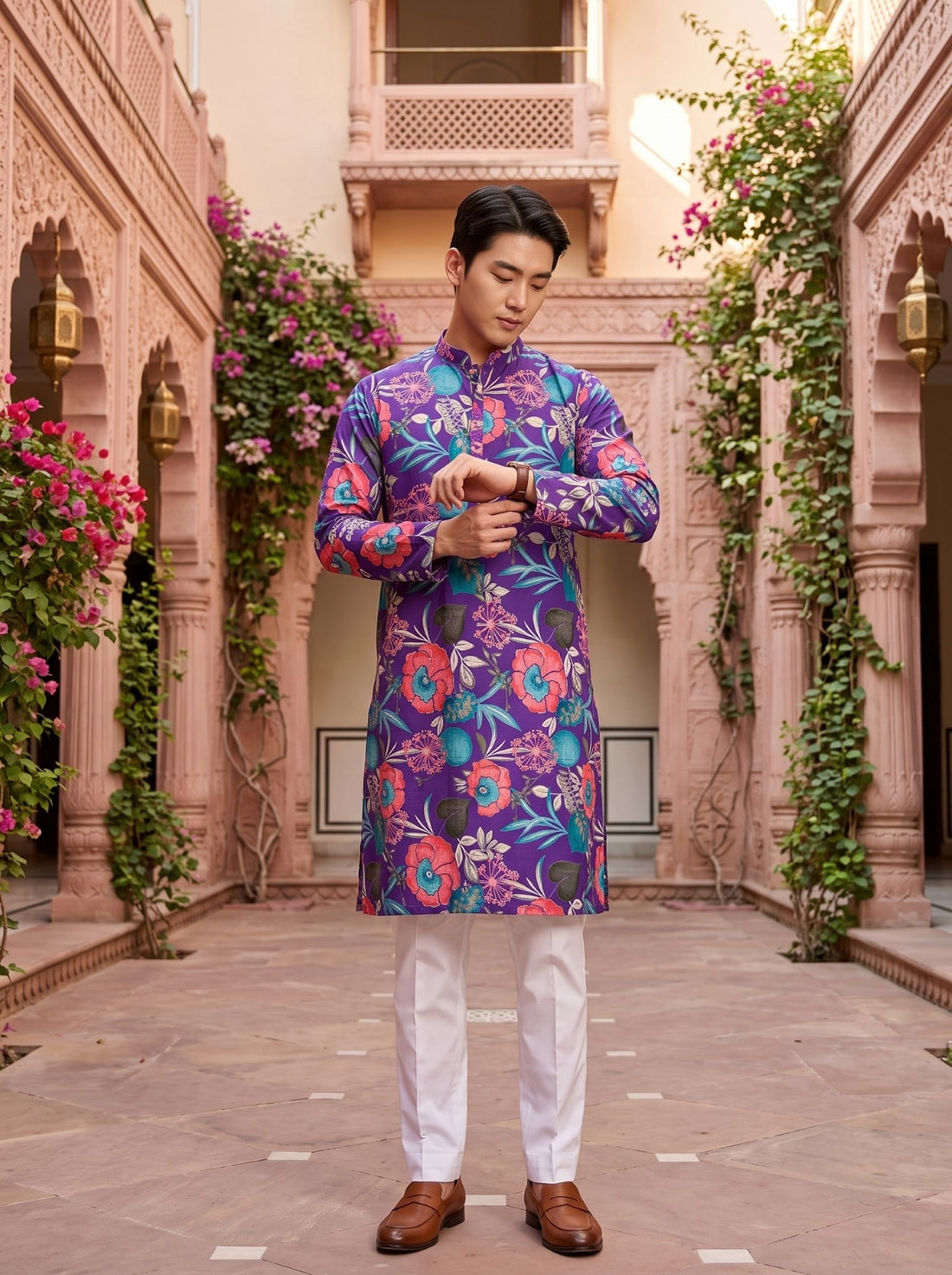 Full-length front view of TryBuy TB_21149 purple floral kurta with the model adjusting a sleeve cuff