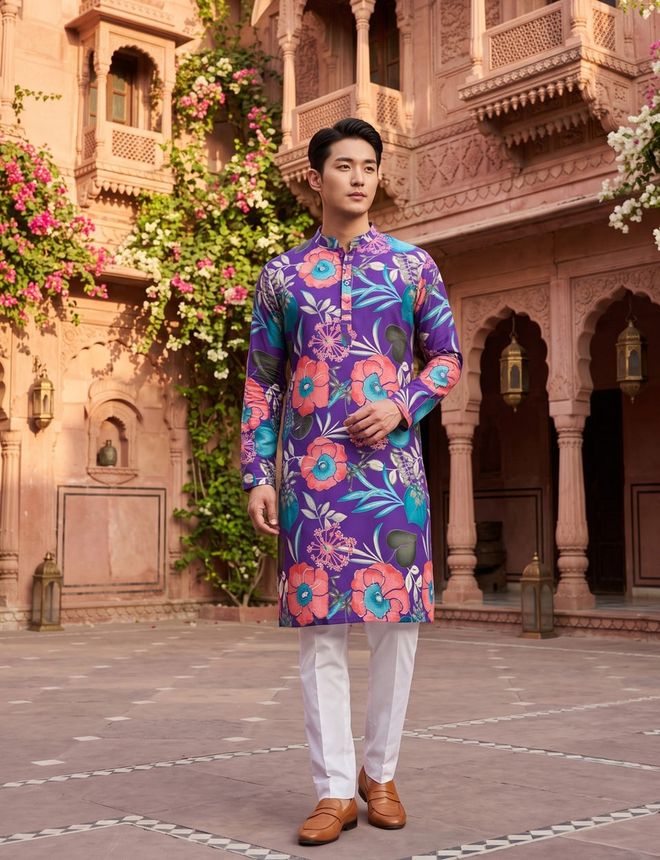 Full-length front view of TryBuy TB_21149 men's purple kurta with pink and teal tropical floral print