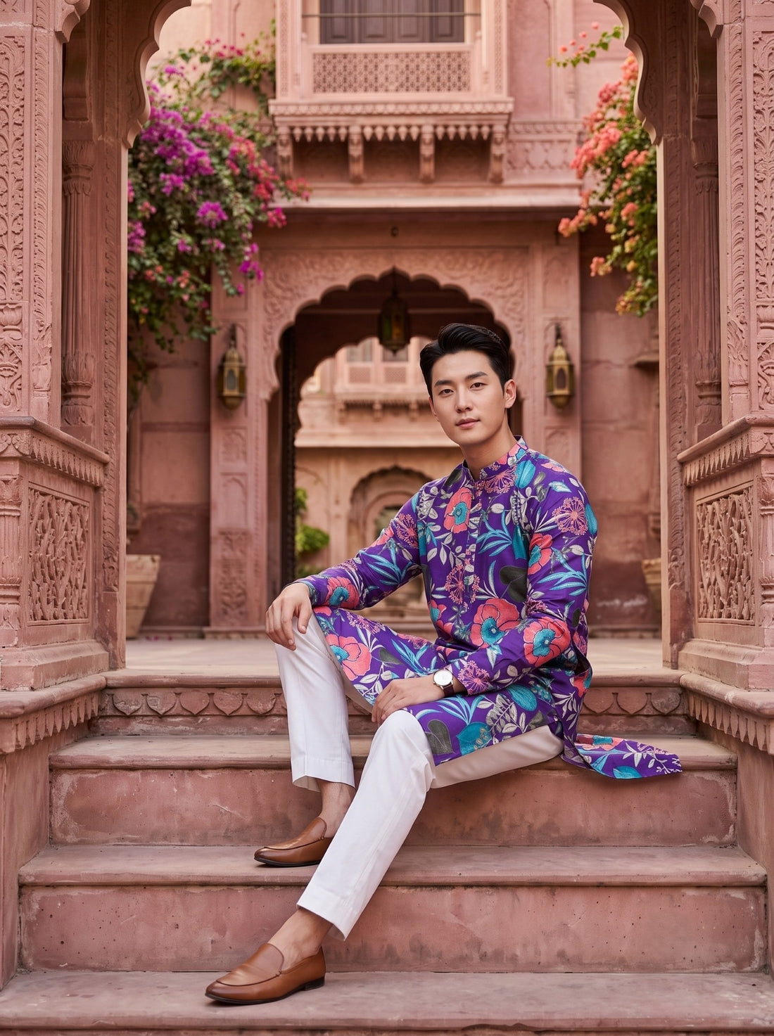 Seated styling view of TryBuy TB_21149 purple tropical floral kurta with white trousers