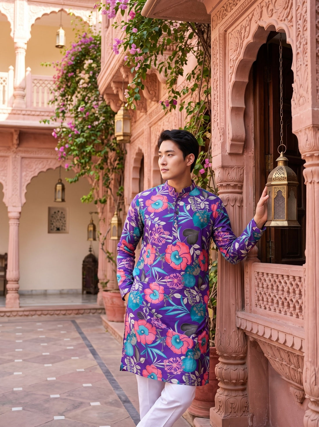 Standing lifestyle view of TryBuy TB_21149 men's purple floral kurta styled with white trousers