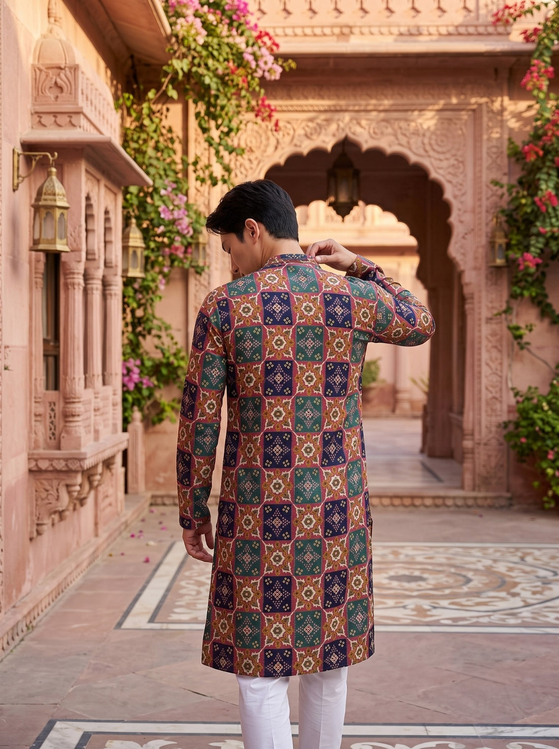 Back view of TryBuy TB_21150 kurta showing the all-over rust, green and navy geometric tile print
