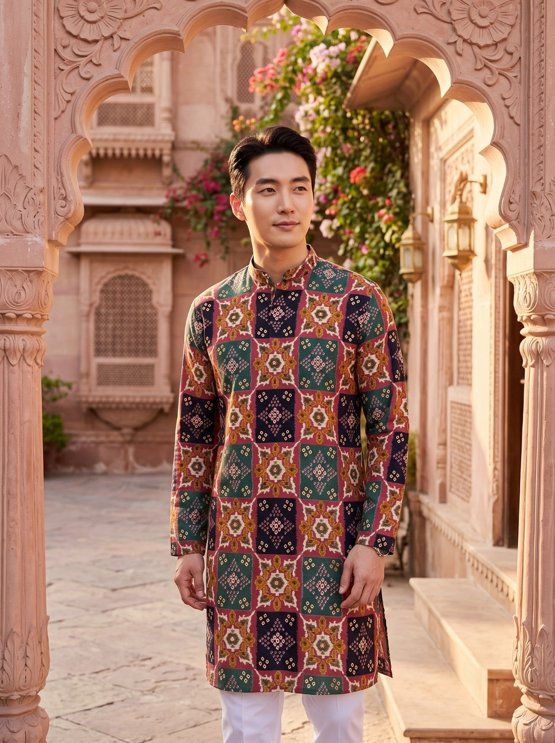 Front view of TryBuy TB_21150 geometric kurta showing the mandarin collar, button placket and full sleeves