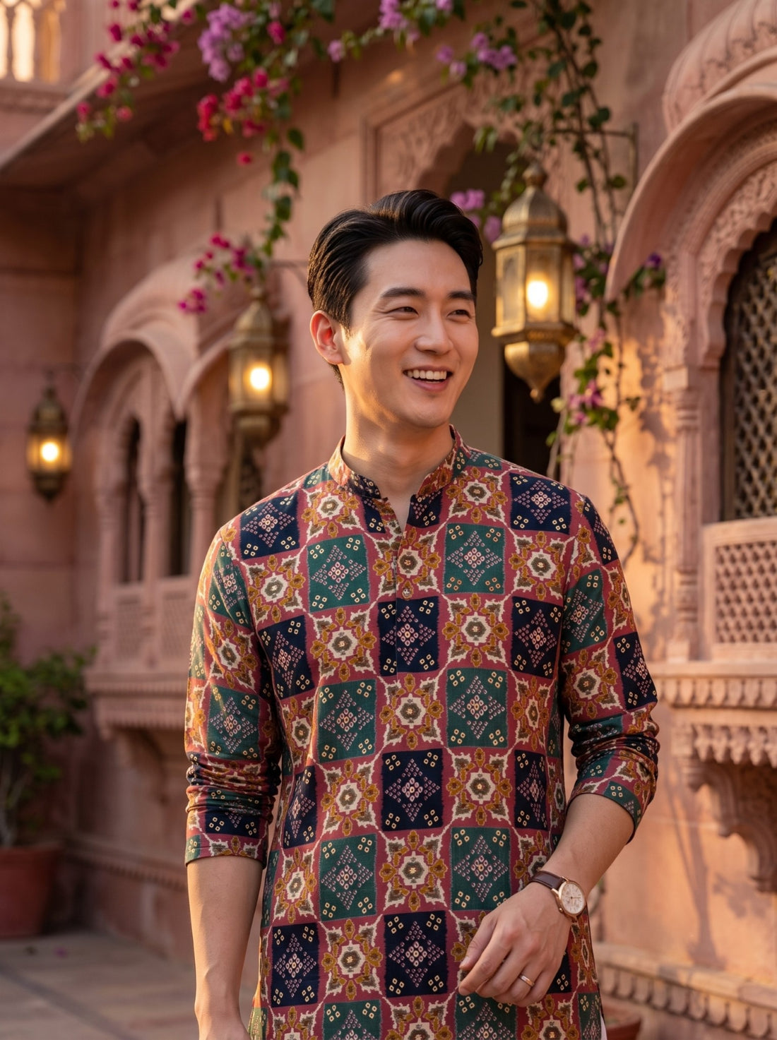 Front portrait of TryBuy TB_21150 geometric printed kurta with the sleeves styled rolled up