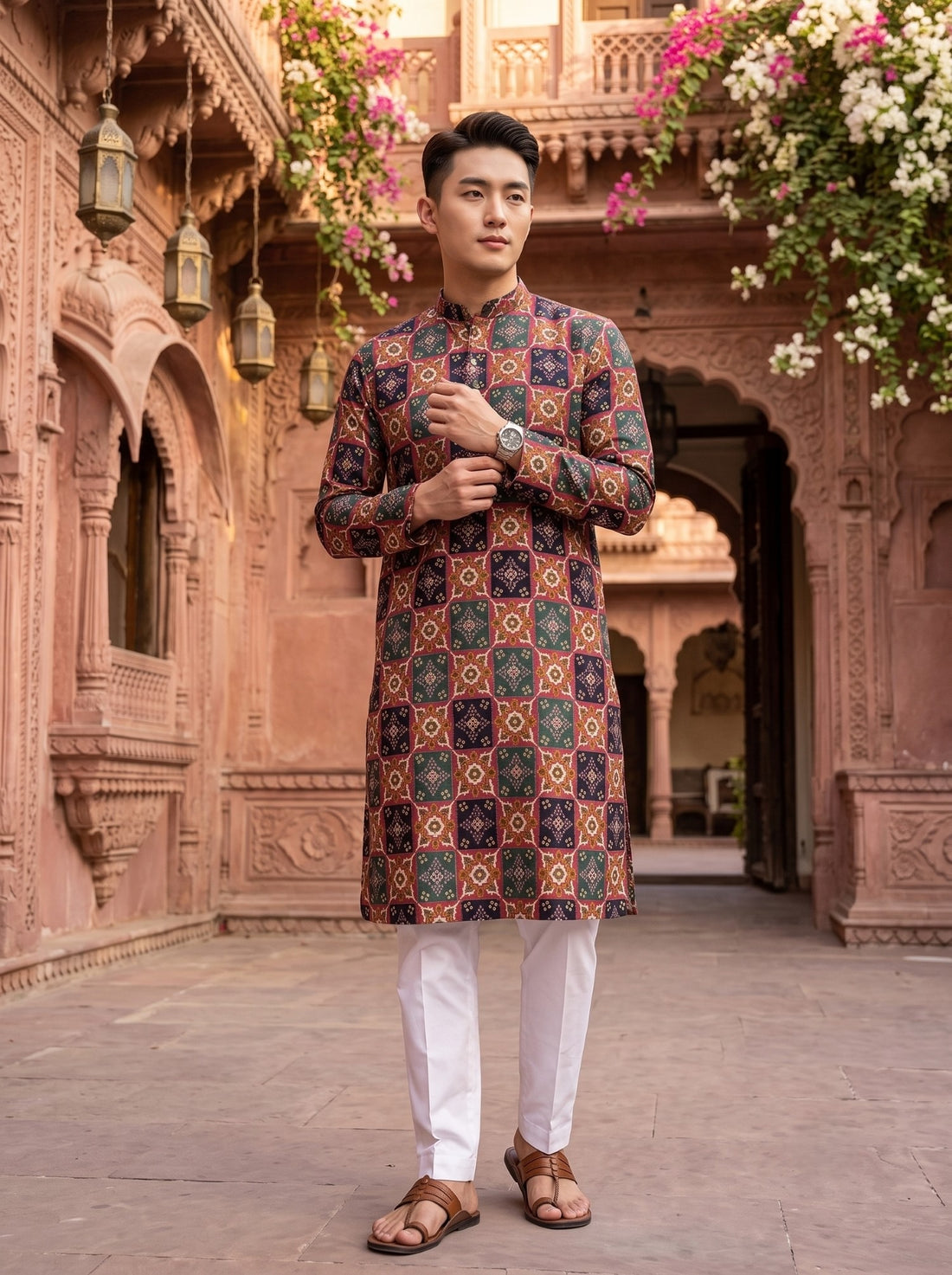 Full-length front view of TryBuy TB_21150 geometric printed kurta with the model adjusting a sleeve cuff