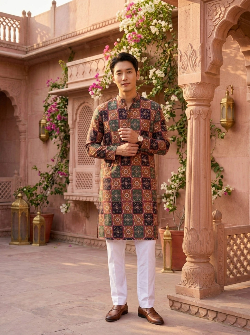 Full-length front view of TryBuy TB_21150 men's multicolour geometric kurta in rust, green and navy