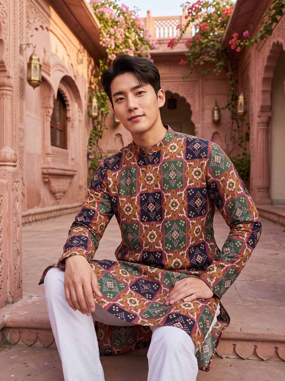 Seated styling view of TryBuy TB_21150 multicolour geometric kurta paired with white trousers