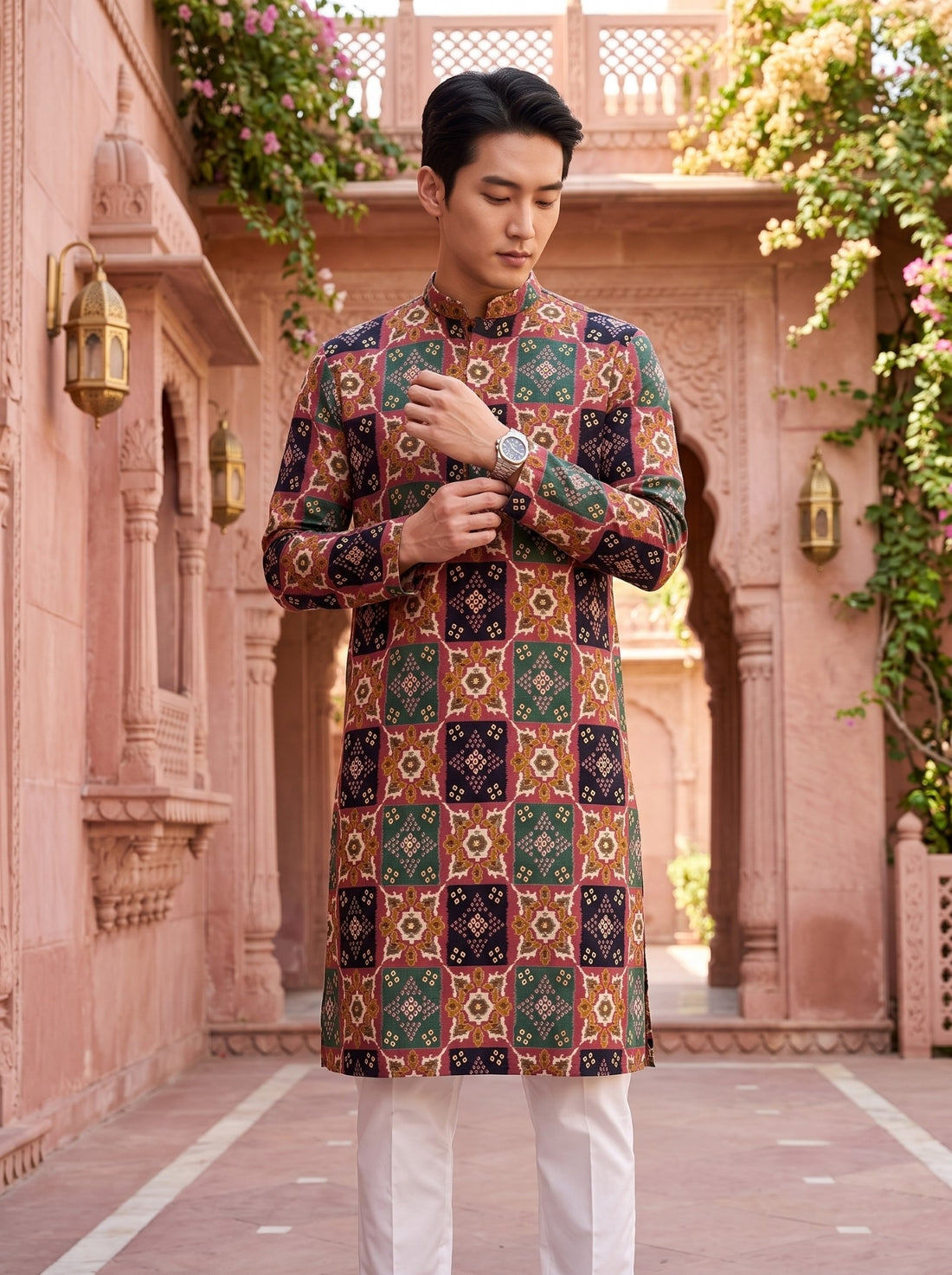 Front and sleeve detail of TryBuy TB_21150 kurta showing geometric medallions and the full-sleeve design