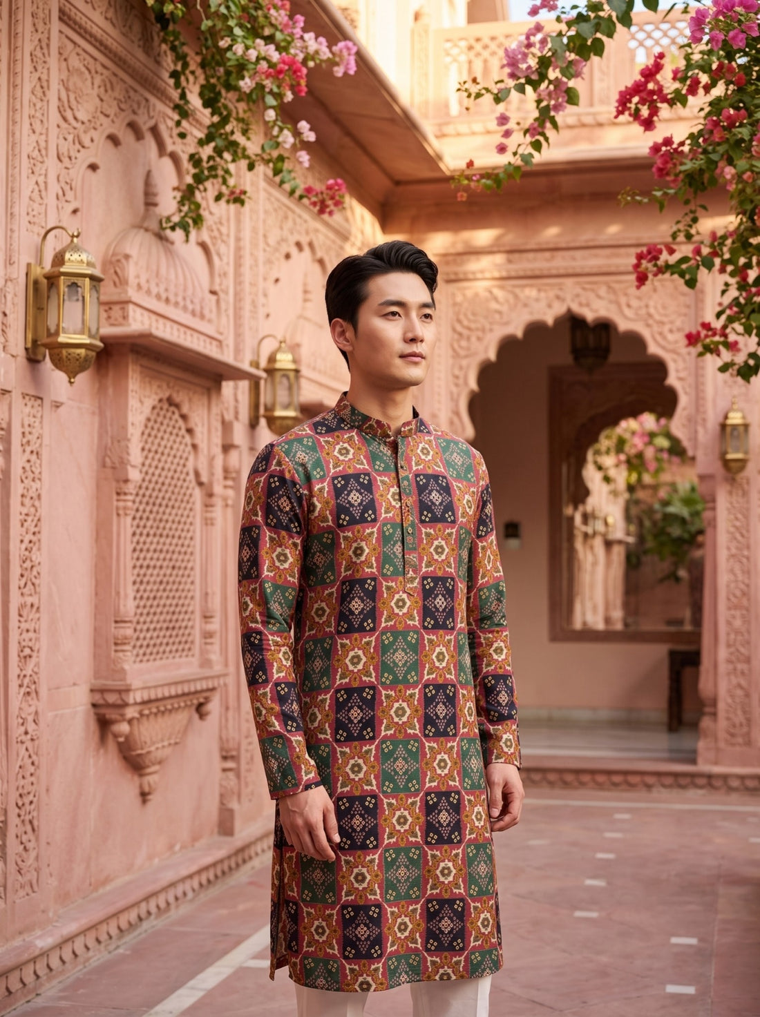 Standing lifestyle view of TryBuy TB_21150 men's geometric kurta with rust, green and navy medallion tiles