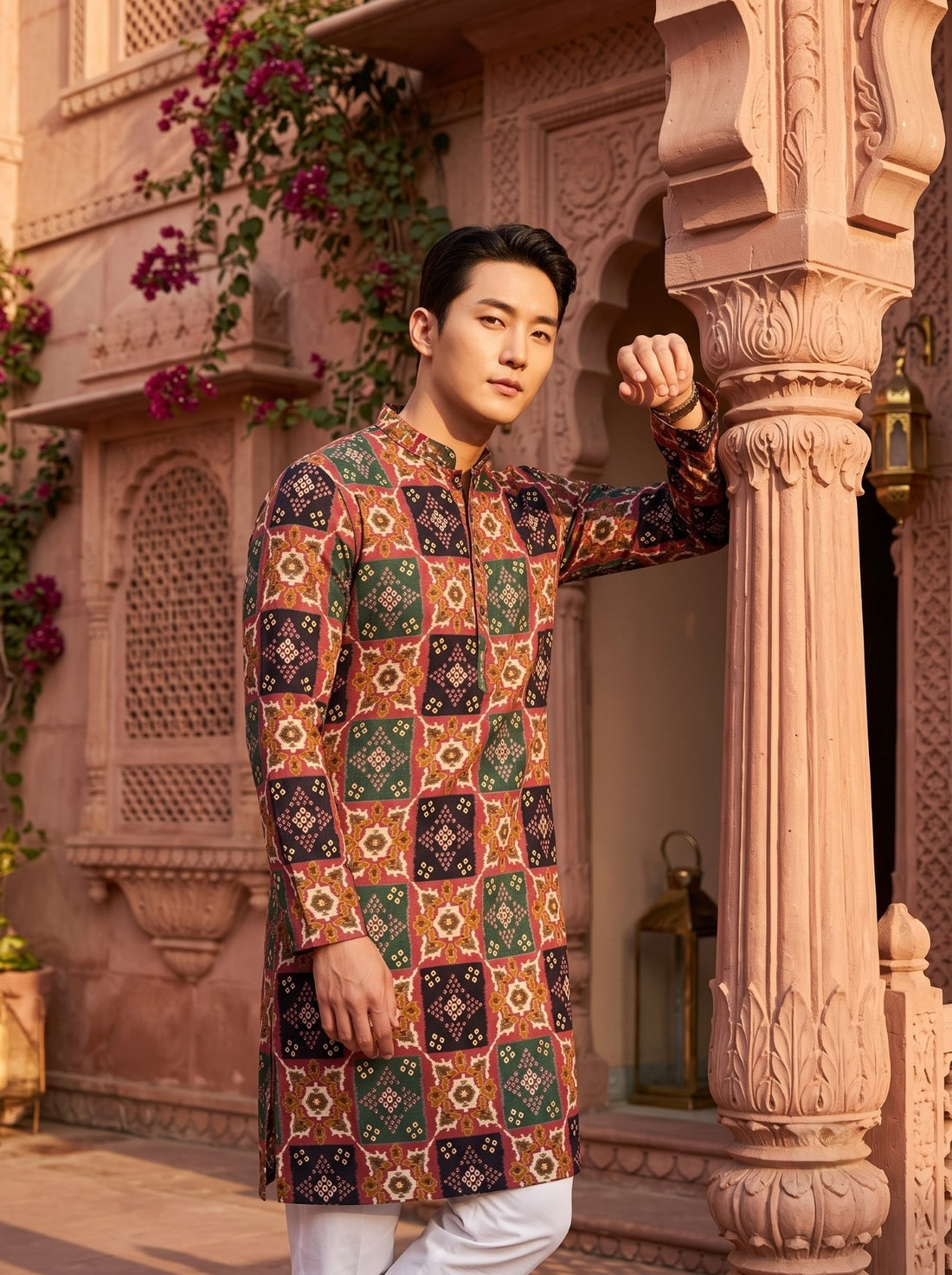 Three-quarter front view of TryBuy TB_21150 multicolour geometric kurta showing its straight knee-length silhouette