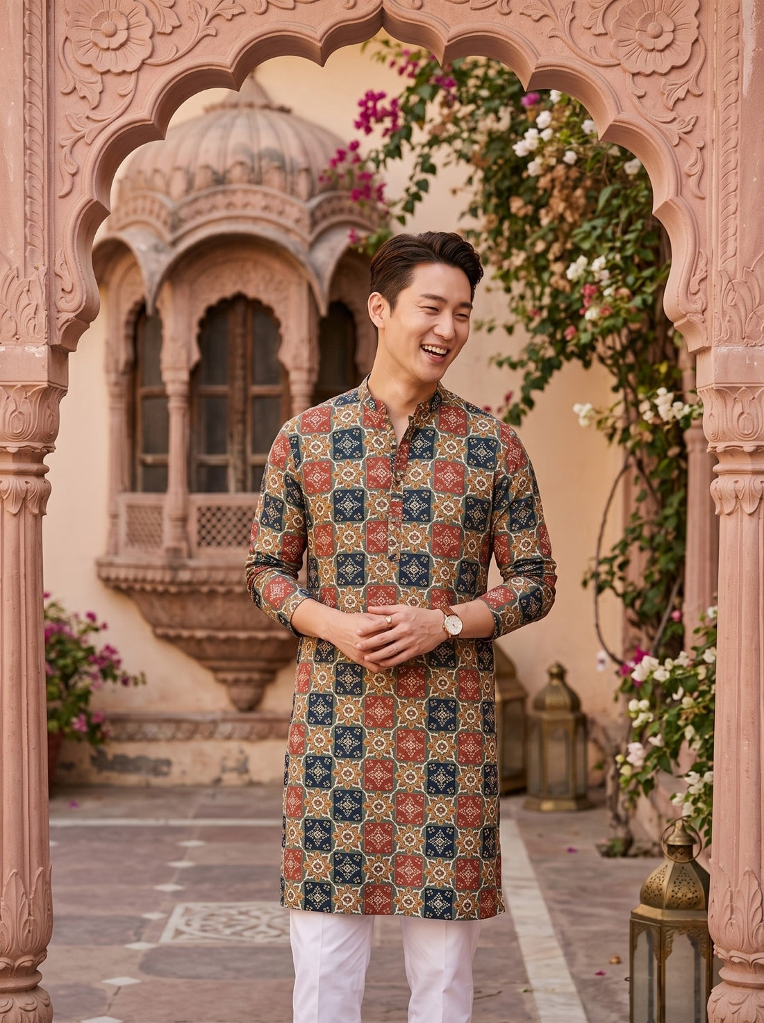 TryBuy TB_21151 men's ornamental tile printed kurta shown from the front beneath a haveli archway