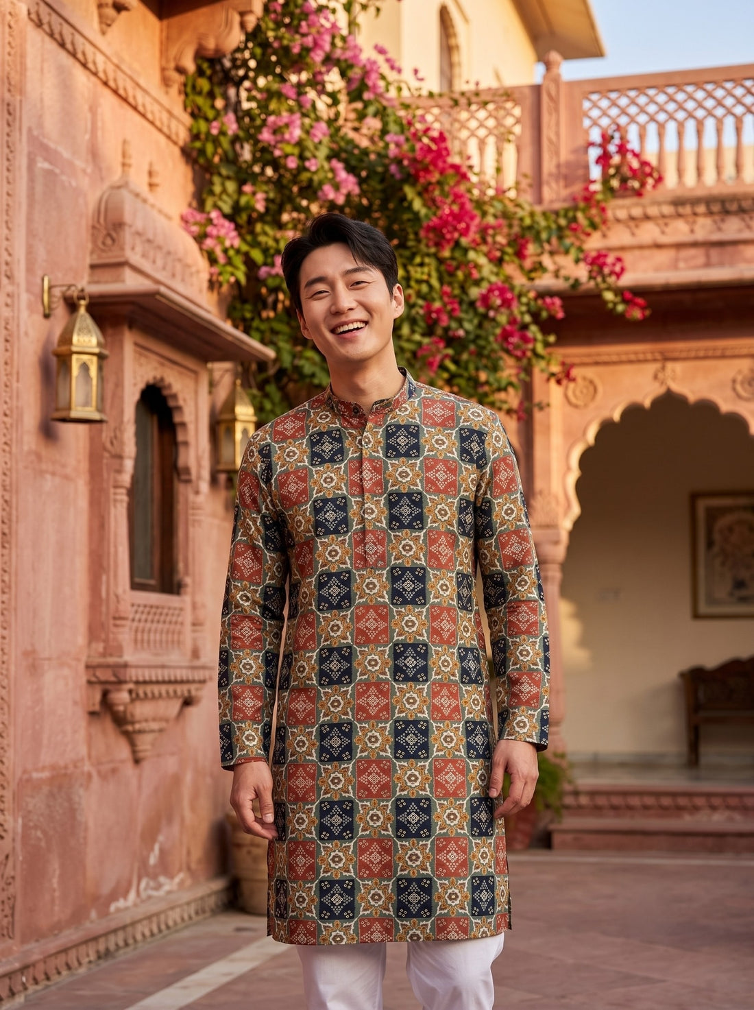 Front lifestyle view of TryBuy TB_21151 multicolour tile kurta showing the short button placket and full sleeves
