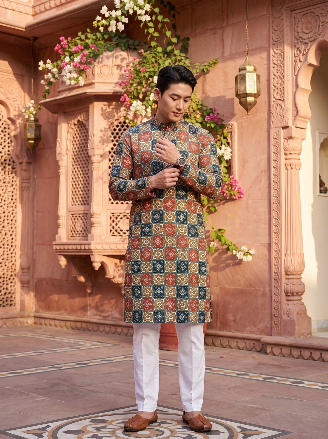 Full-length front view of TryBuy TB_21151 multicolour tile kurta with the model adjusting a sleeve cuff