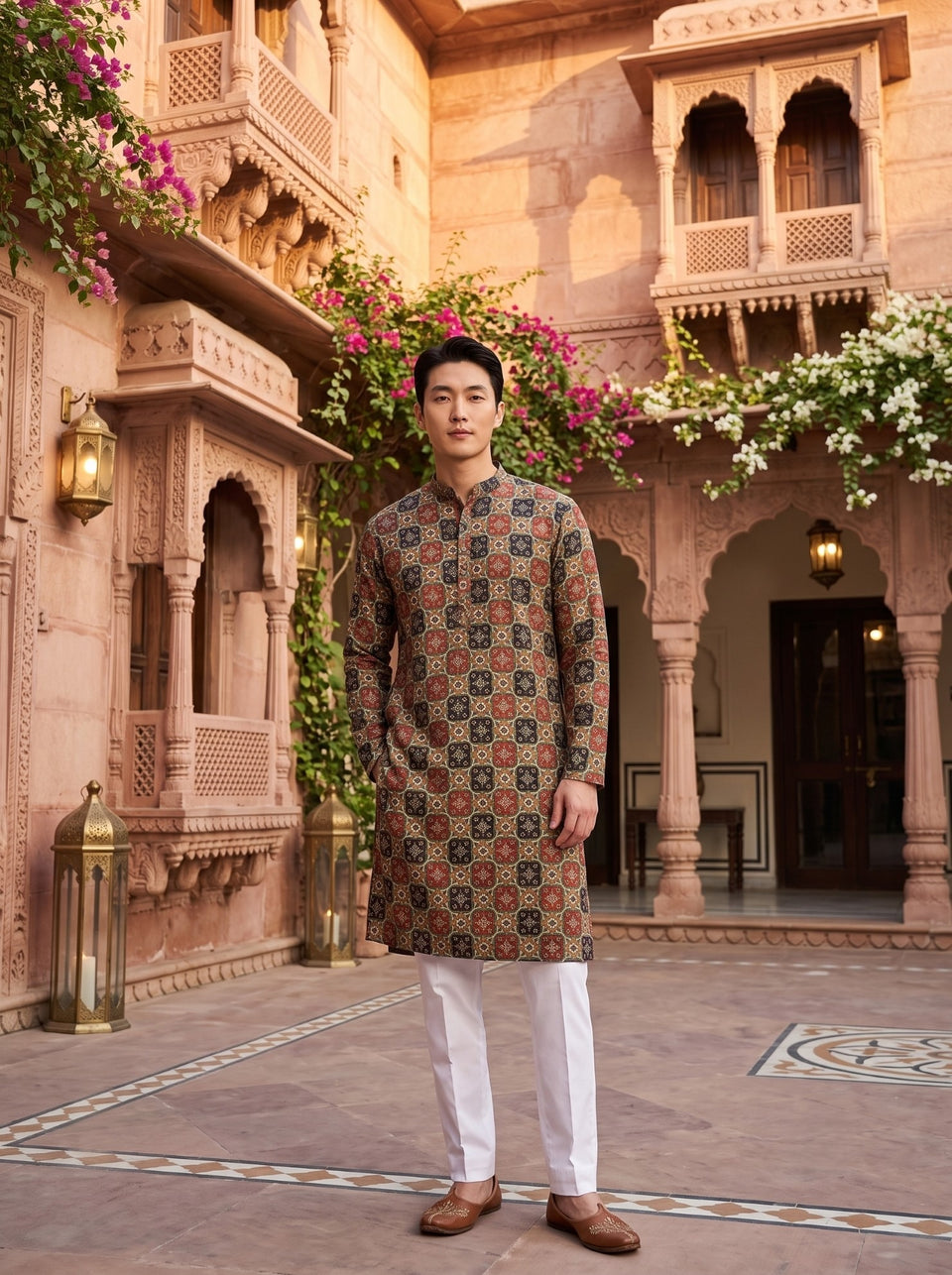 Full-length front view of TryBuy TB_21151 men's multicolour tile printed kurta in beige, navy, rust and olive