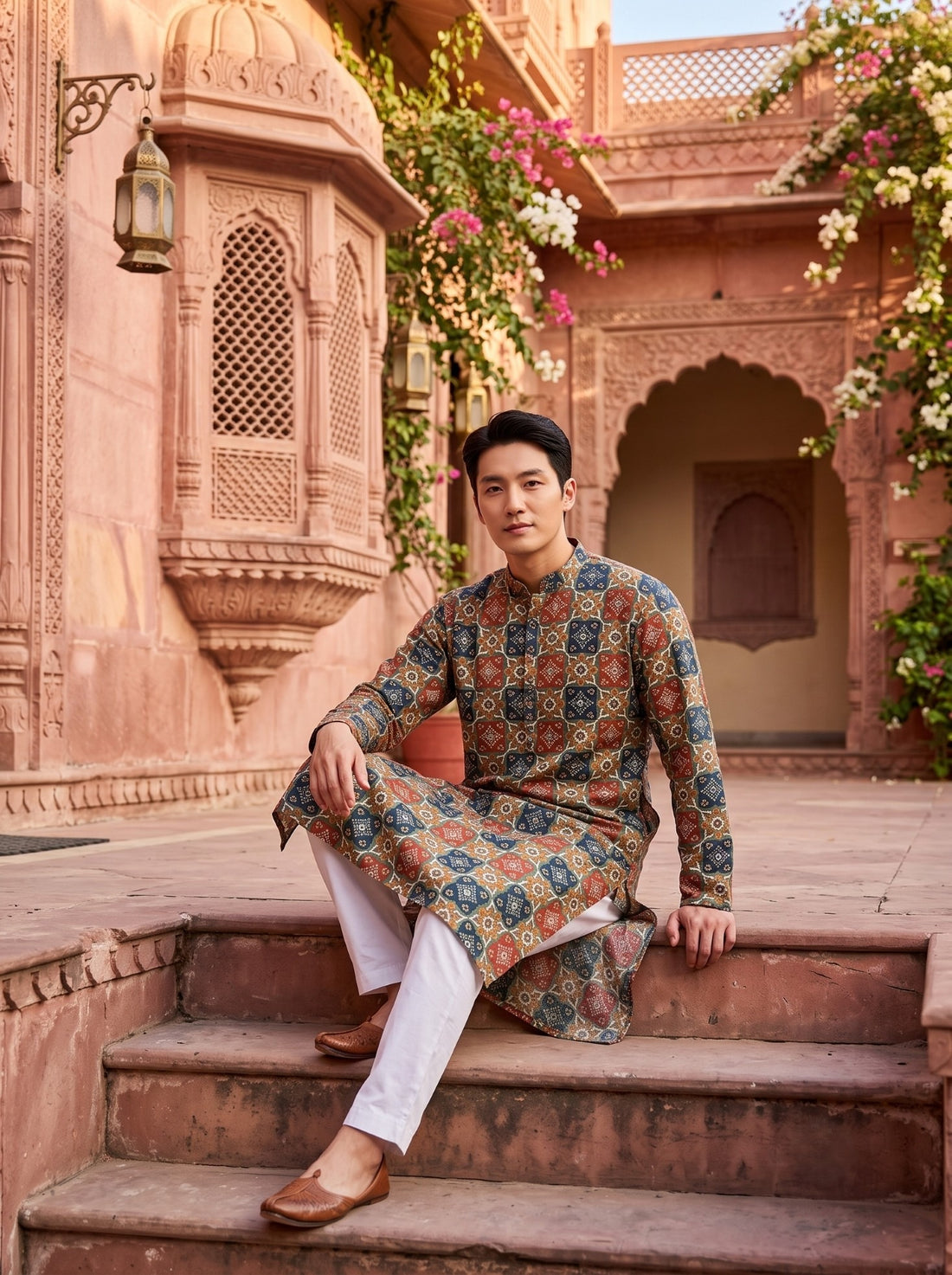 Seated styling view of TryBuy TB_21151 tile printed kurta paired with white trousers