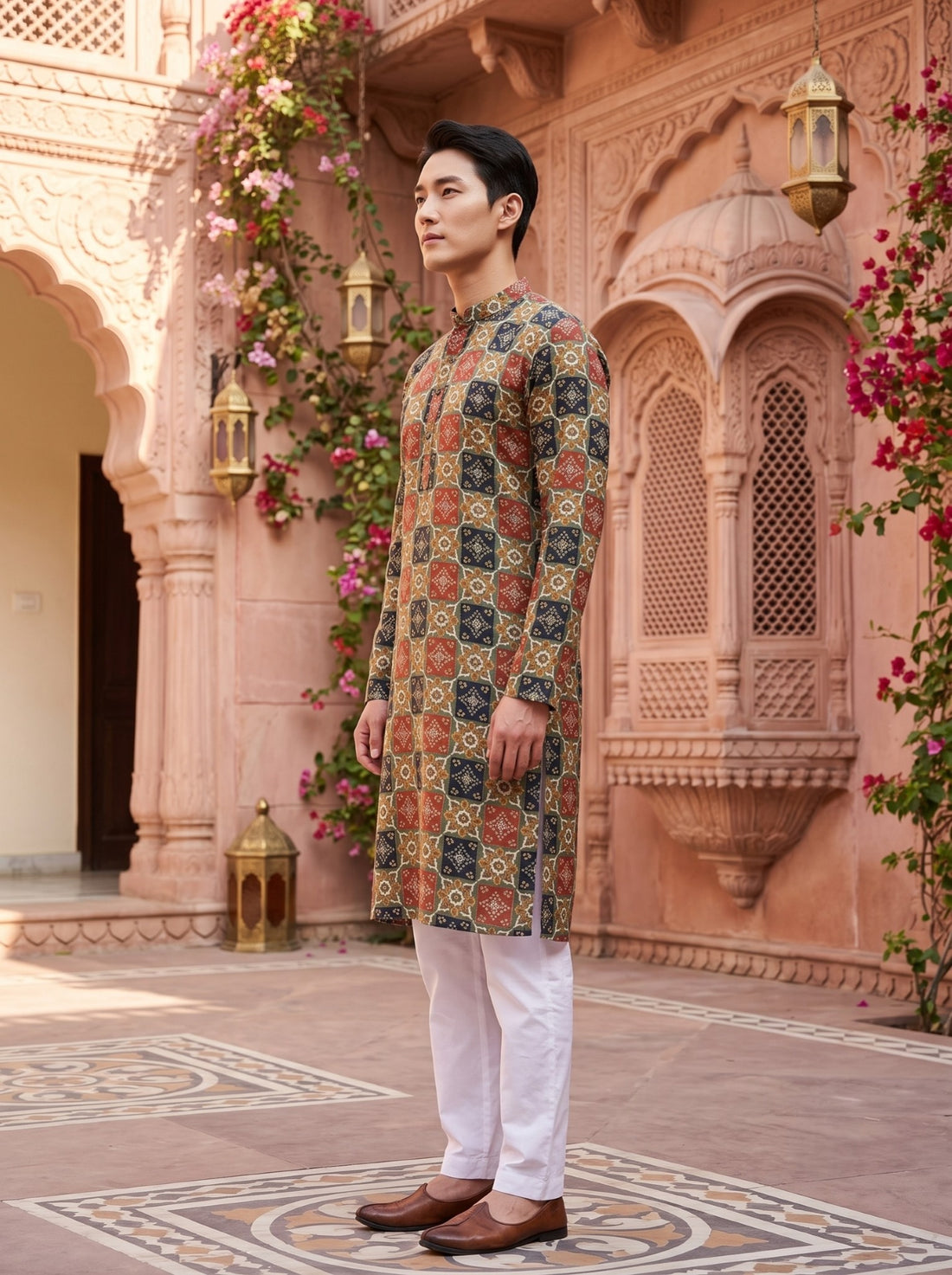 Full-length side view of TryBuy TB_21151 multicolour tile kurta showing the side slit and full sleeves