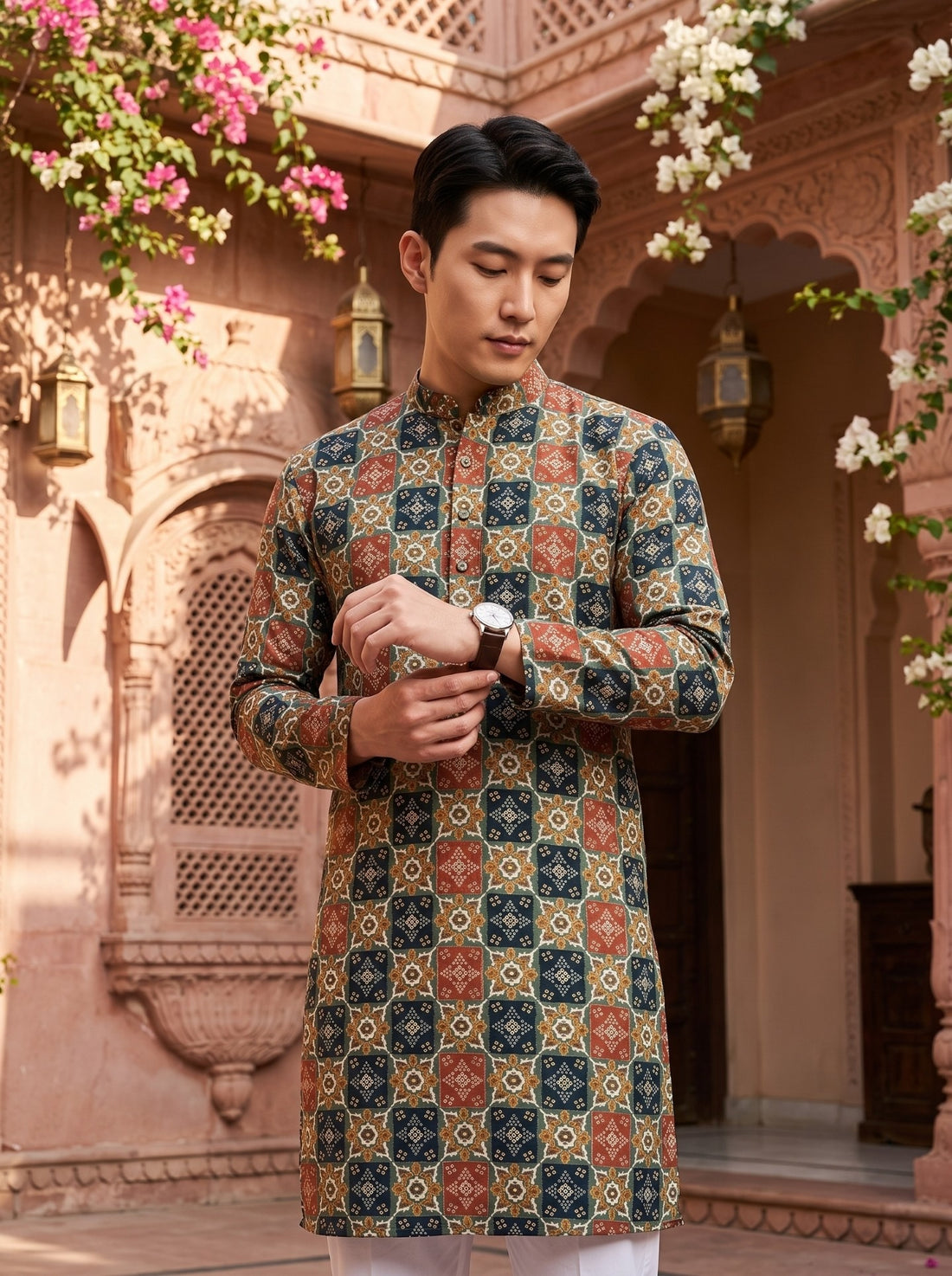 Front and sleeve detail of TryBuy TB_21151 viscose rayon kurta showing compact geometric tile motifs