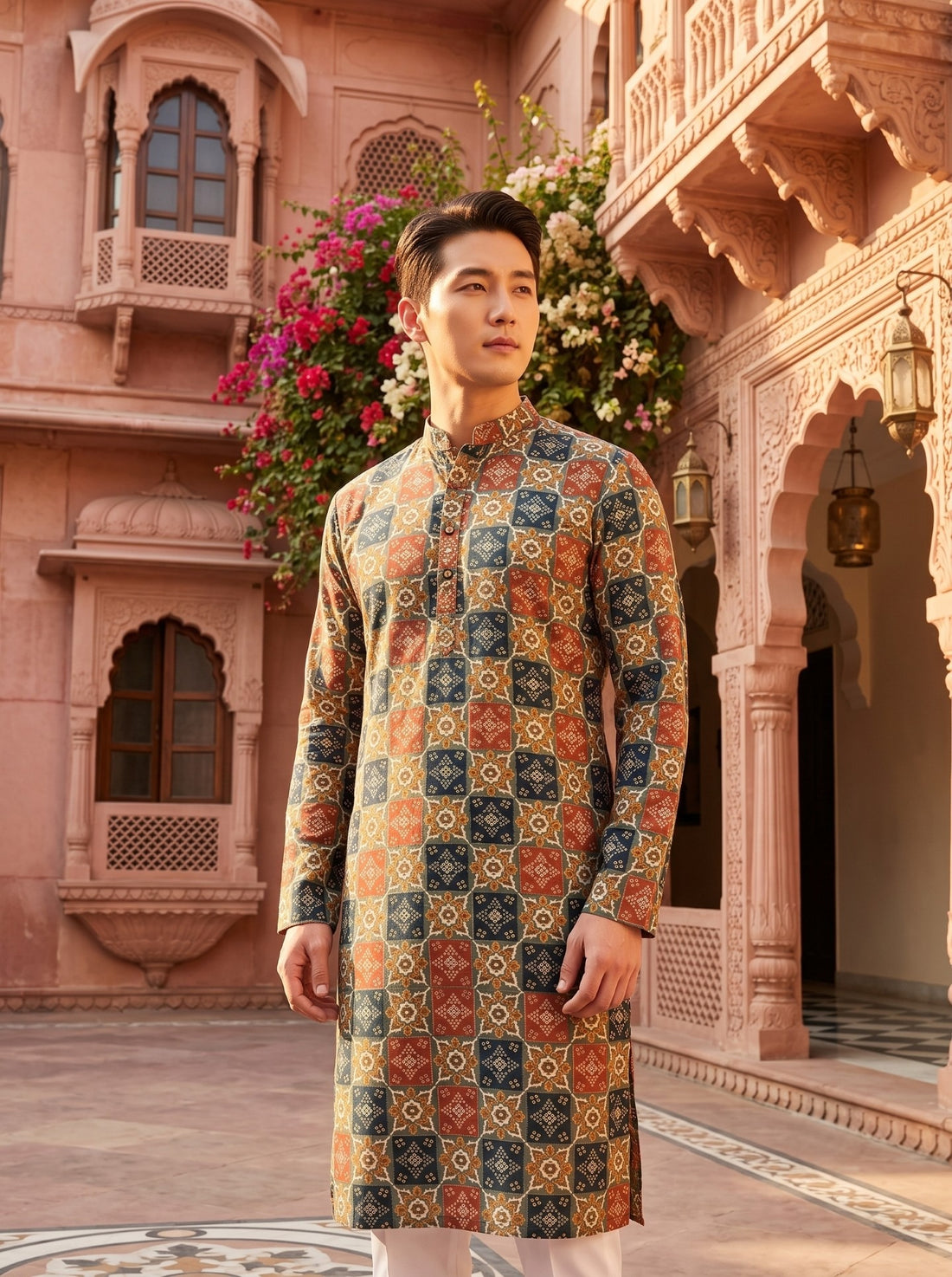 Standing lifestyle view of TryBuy TB_21151 kurta with small geometric medallions in multicolour squares
