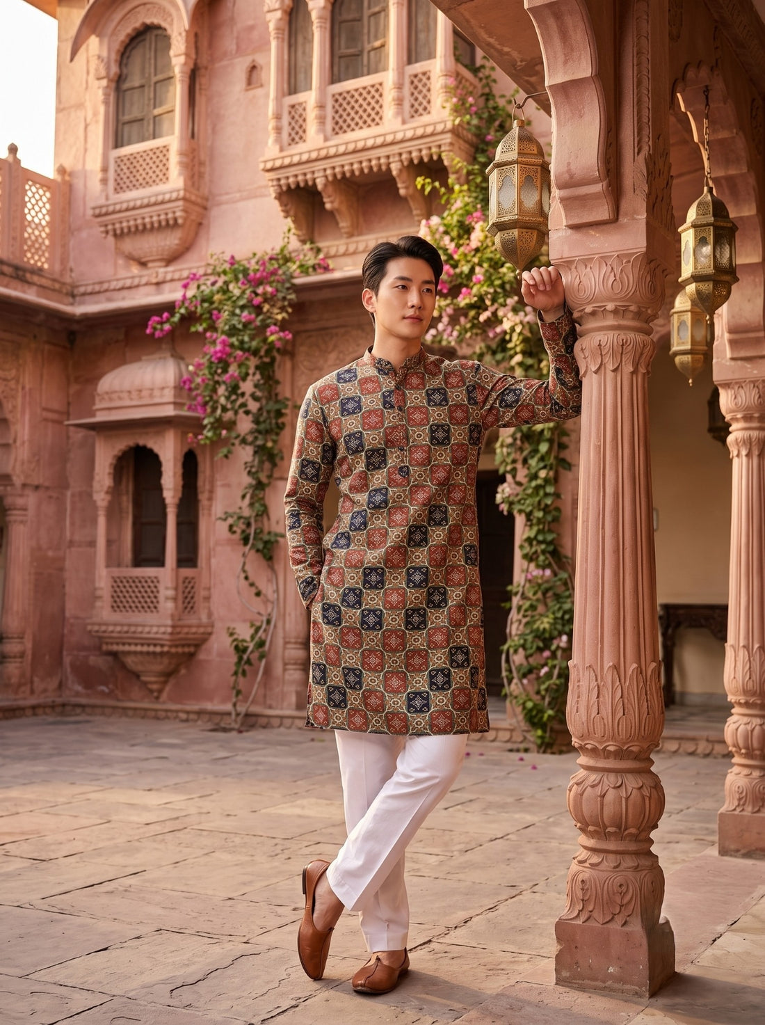 Three-quarter front view of TryBuy TB_21151 tile printed kurta showing its straight knee-length silhouette