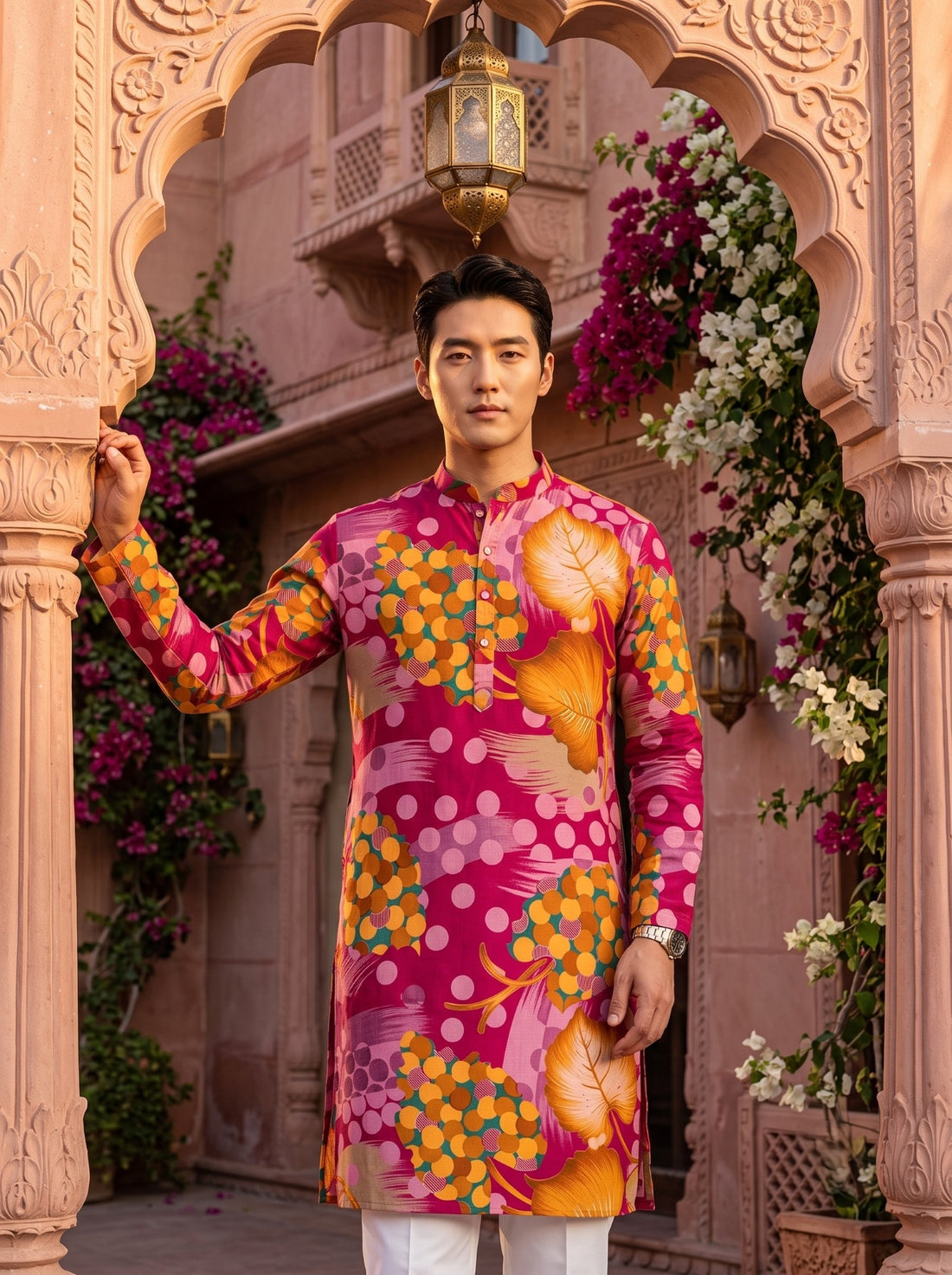 Front view of TryBuy TB_21152 pink abstract botanical kurta shown in a haveli archway