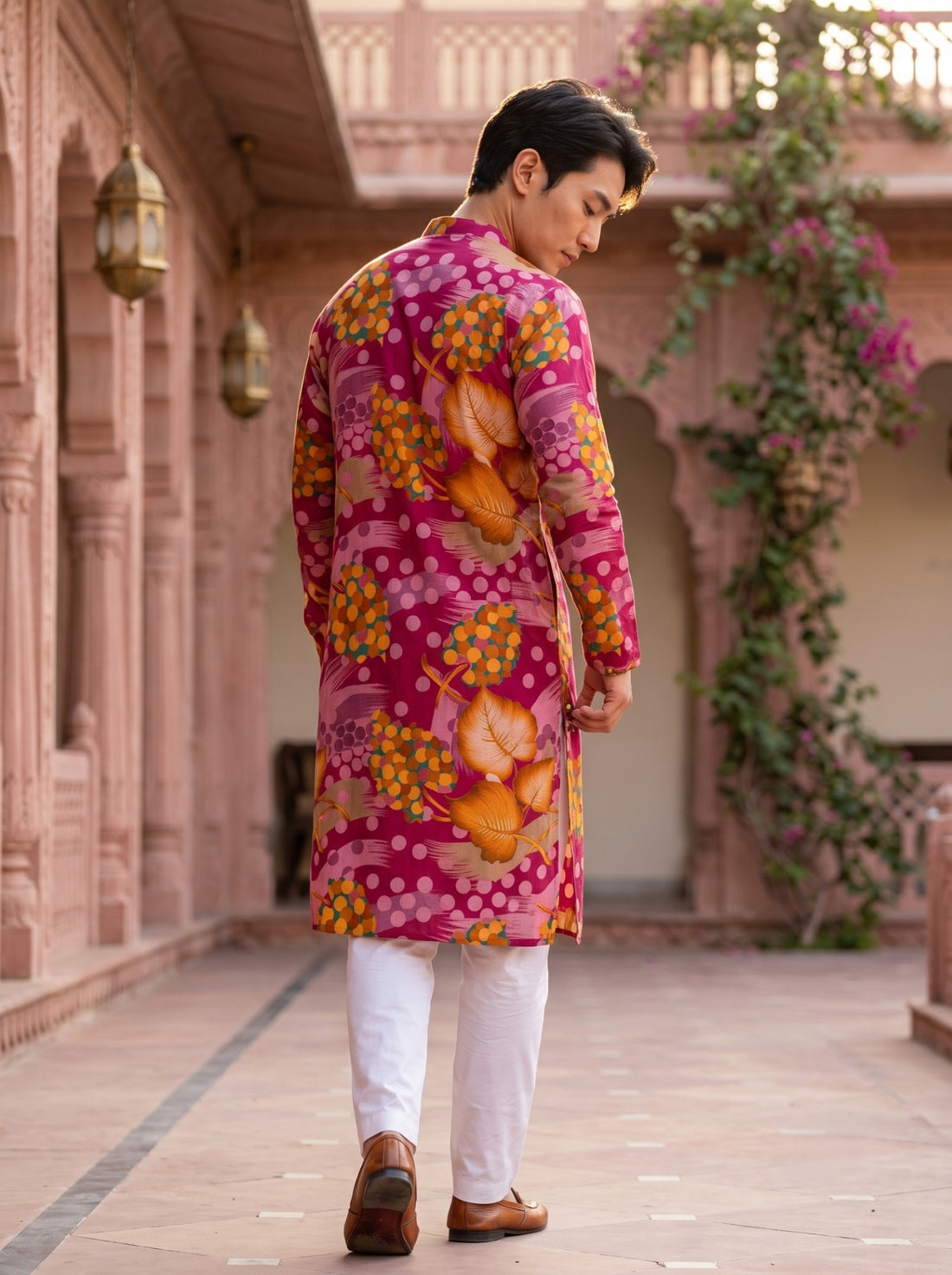 Back view of TryBuy TB_21152 pink kurta with orange leaf-like motifs and multicolour circular clusters