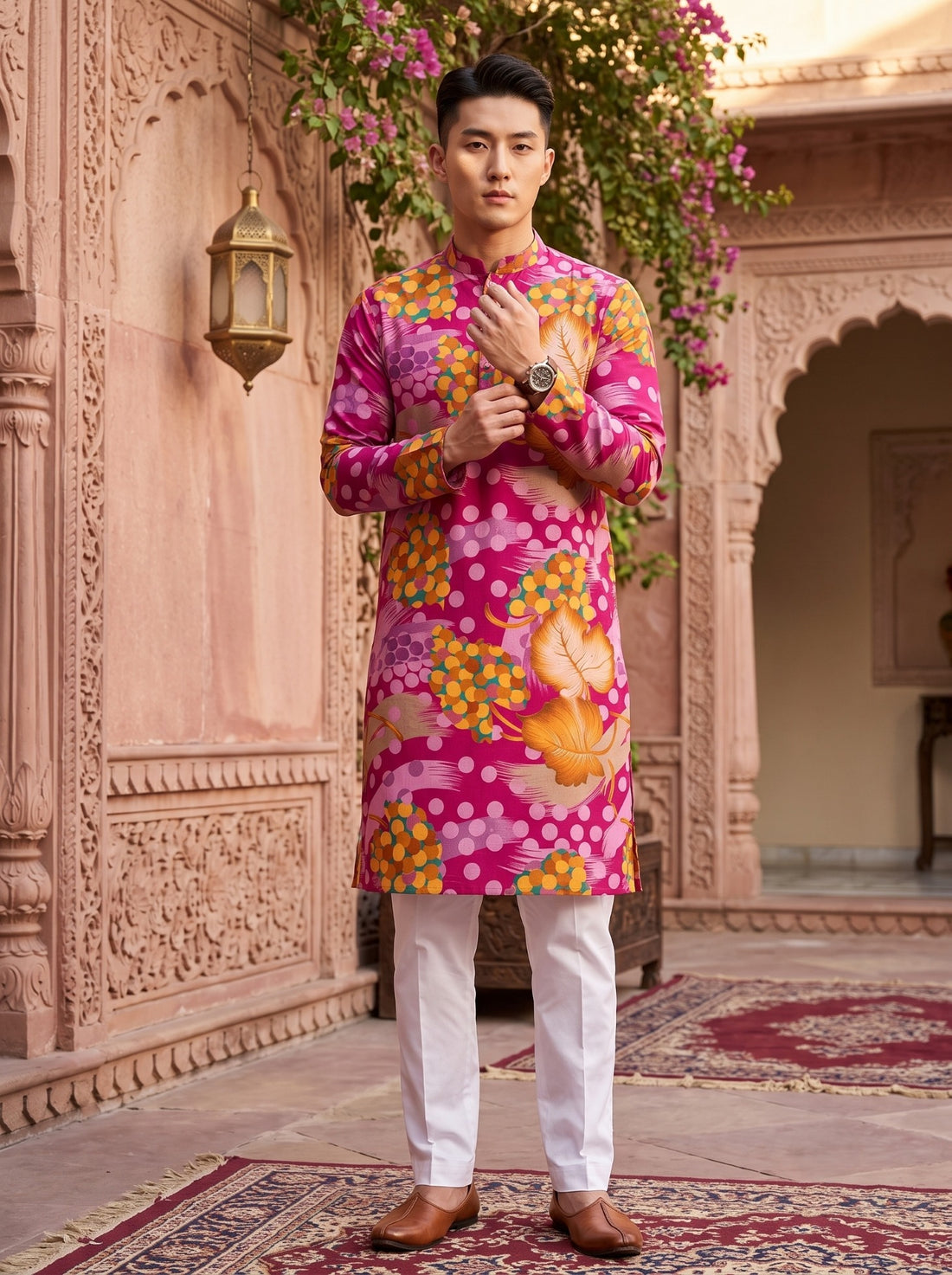 Full-length front view of TryBuy TB_21152 pink printed kurta with the model adjusting a sleeve cuff