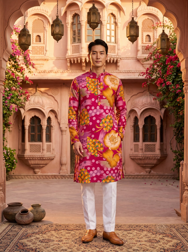 Full-length front view of TryBuy TB_21152 men's pink kurta with orange and yellow abstract botanical print