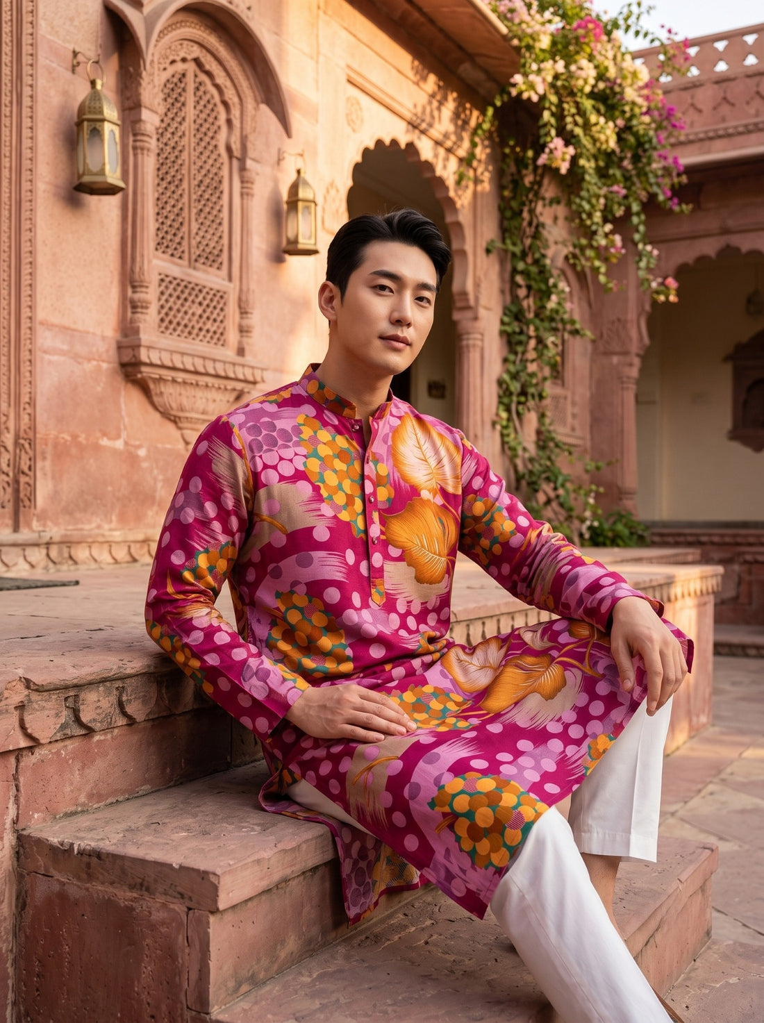 Seated styling view of TryBuy TB_21152 pink abstract botanical kurta paired with white trousers