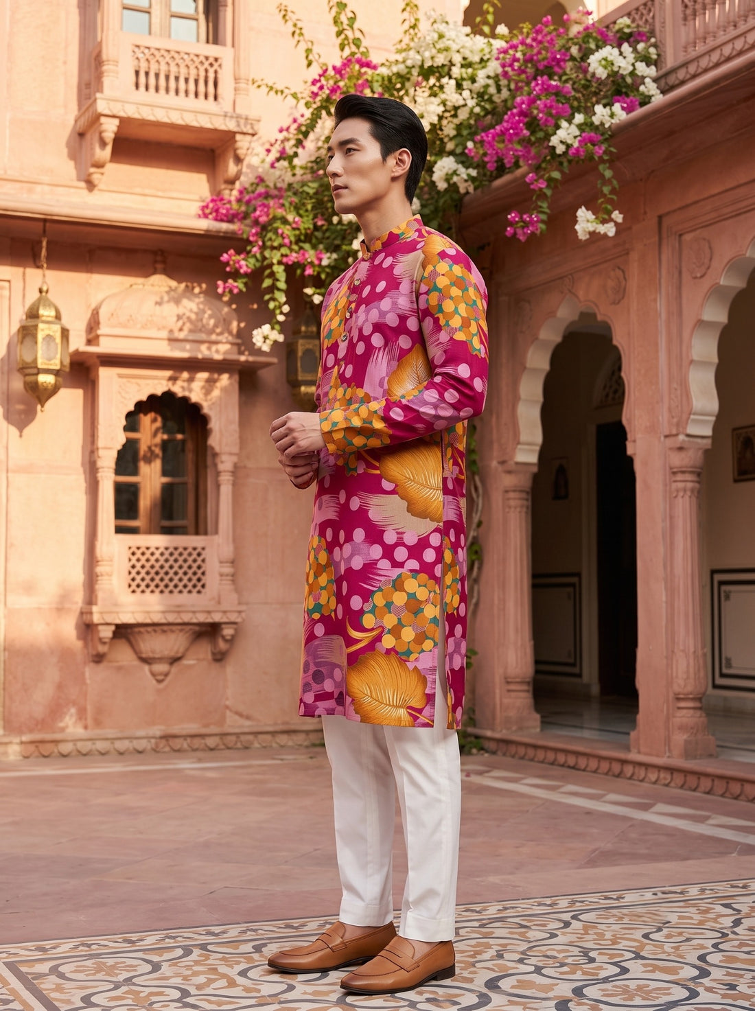 Full-length side view of TryBuy TB_21152 pink printed kurta showing the side slit and full sleeves