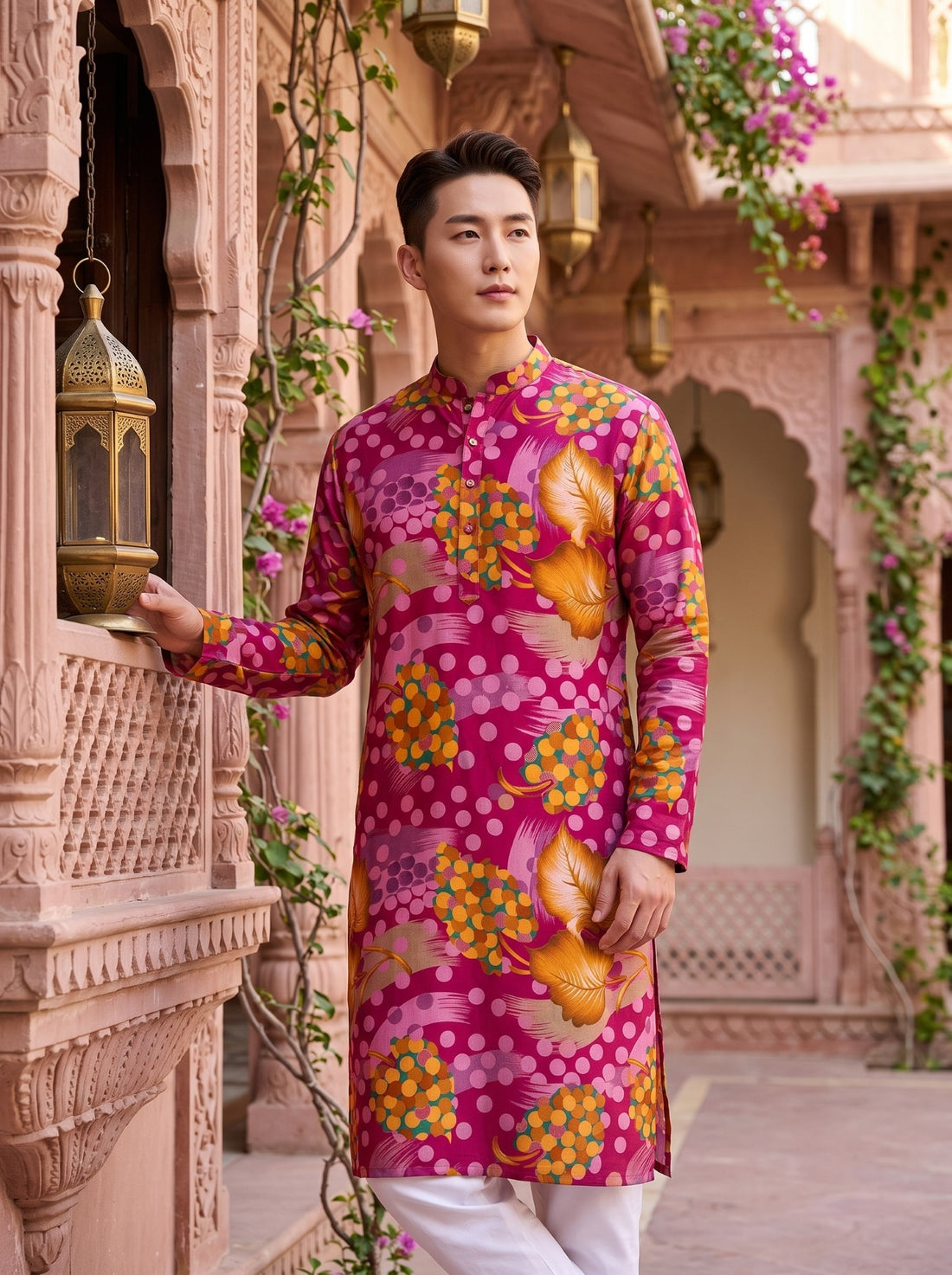 Standing lifestyle view of TryBuy TB_21152 pink kurta with yellow and orange botanical motifs and dotted accents