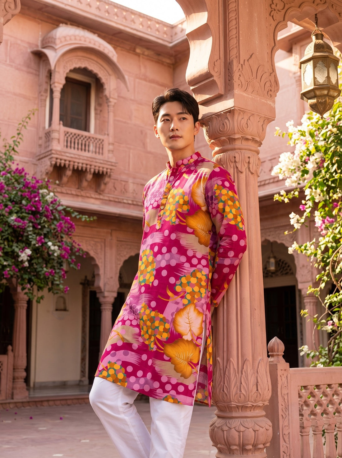 Three-quarter front view of TryBuy TB_21152 pink printed kurta showing its straight knee-length silhouette