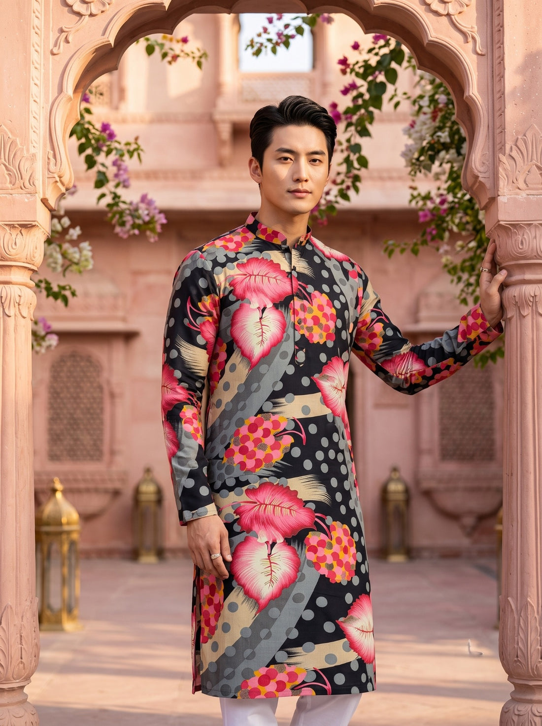 TryBuy TB_21153 black and pink leaf printed kurta shown from the front beneath a haveli archway