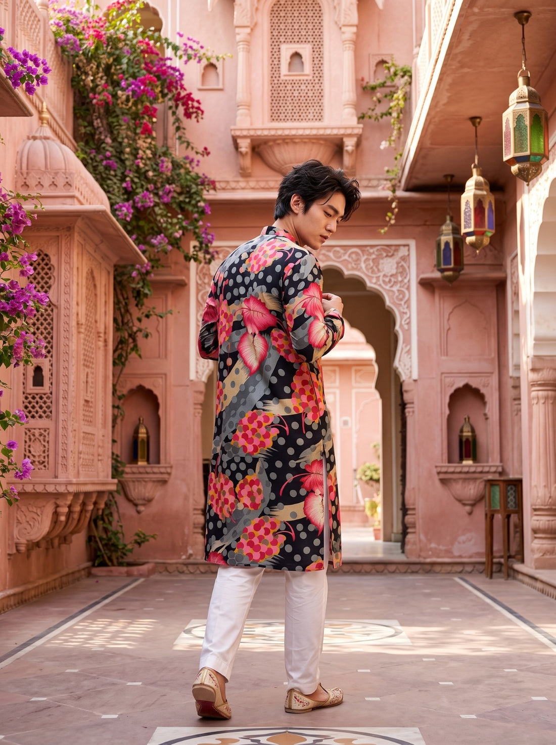 Back view of TryBuy TB_21153 black printed kurta showing large pink leaves, grey bands and dotted botanical shapes