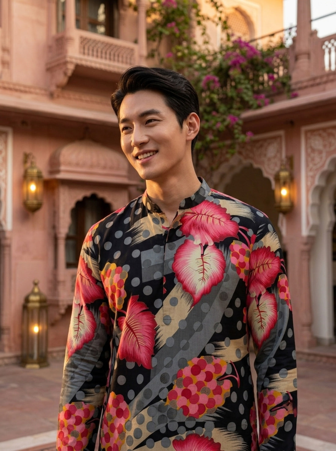 Front lifestyle view of TryBuy TB_21153 black and grey kurta with pink leaves, cream accents and multicolour dotted floral shapes