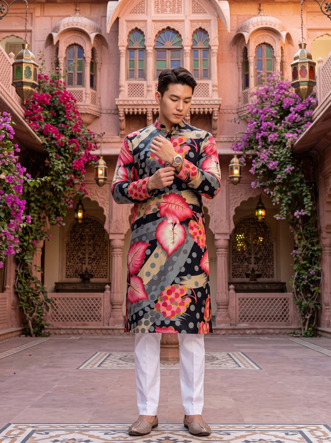 Full-length front view of TryBuy TB_21153 black and pink printed kurta with the model adjusting a sleeve cuff