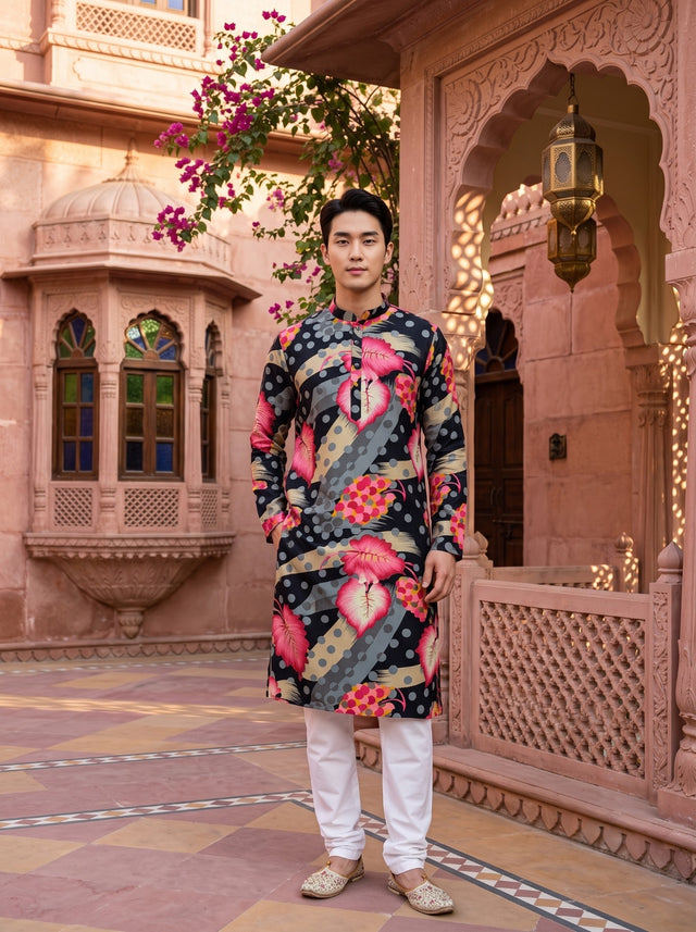 Full-length front view of TryBuy TB_21153 black abstract leaf printed kurta with oversized pink leaves and grey diagonal bands