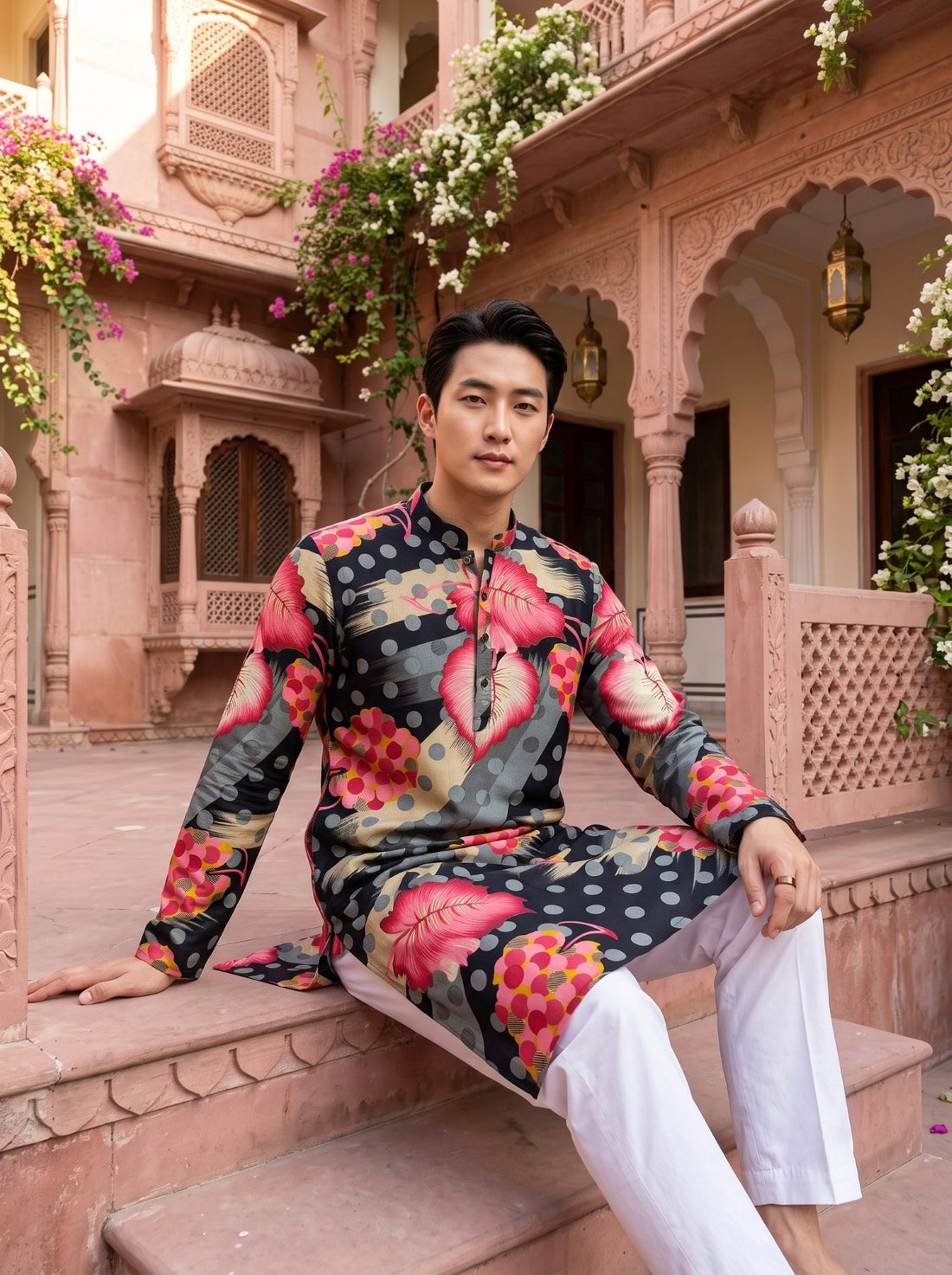 Seated styling view of TryBuy TB_21153 black abstract leaf printed kurta paired with white trousers