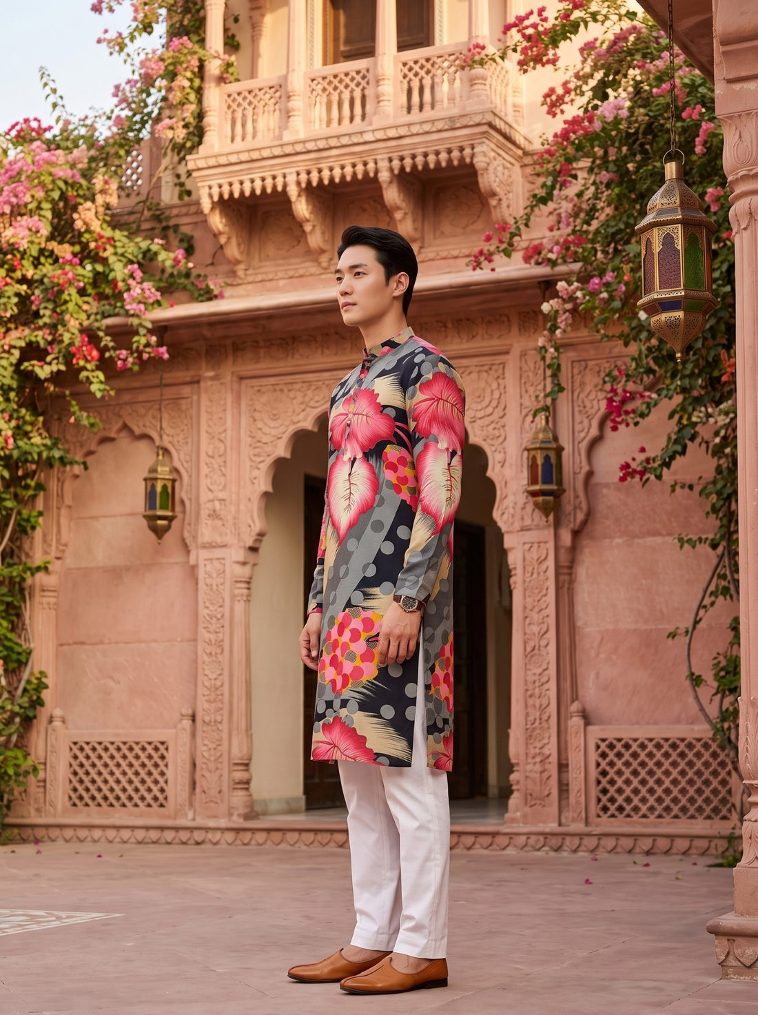 Full-length side view of TryBuy TB_21153 viscose rayon kurta showing its side slit and full sleeves
