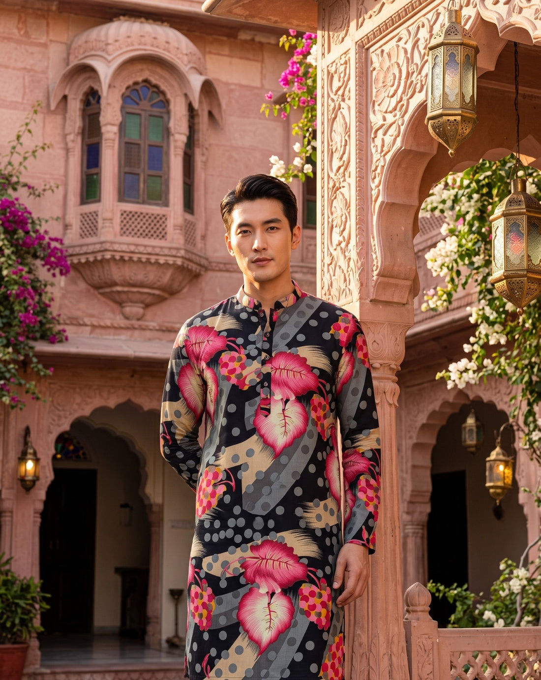 Standing front view of TryBuy TB_21153 kurta with oversized pink leaves on a black and grey abstract print