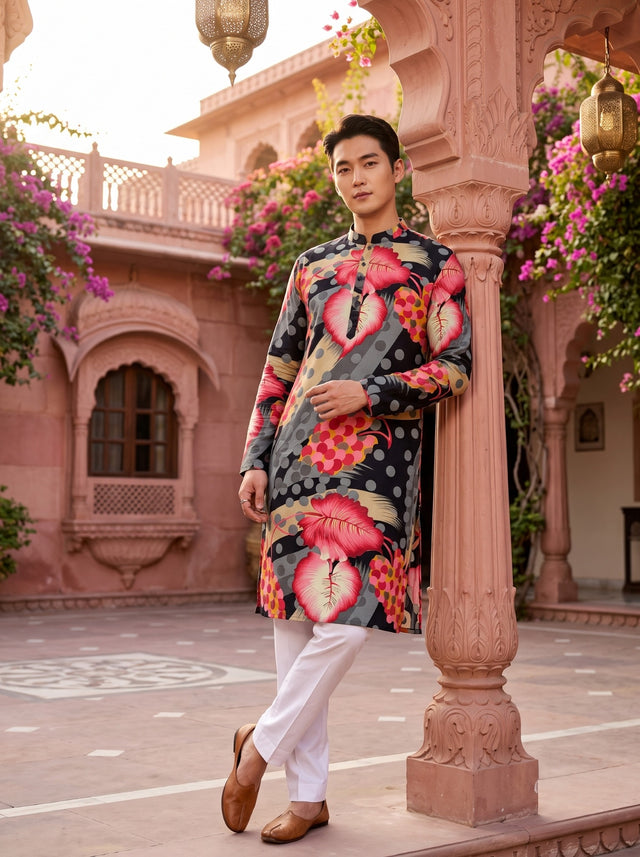 Three-quarter front view of TryBuy TB_21153 abstract leaf kurta showing its straight knee-length silhouette