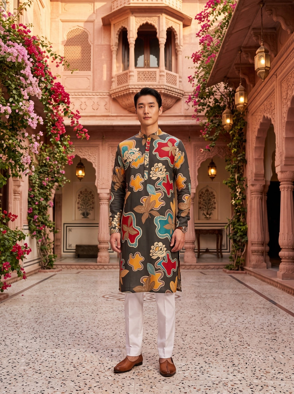 TryBuy TB_21154 men's charcoal abstract floral printed kurta, full front view styled with white trousers