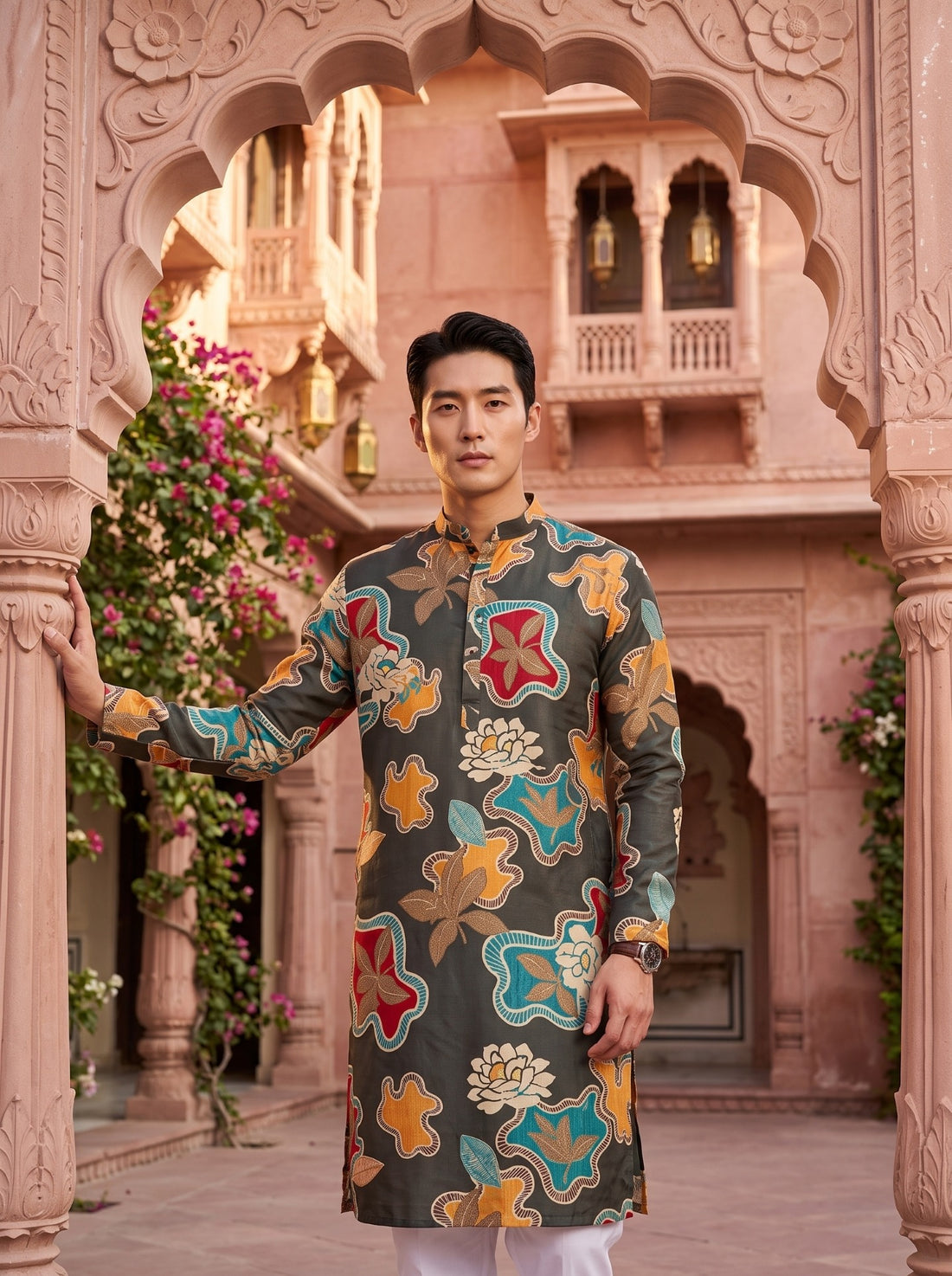 TryBuy TB_21154 men's charcoal abstract floral kurta, front lifestyle view showing the long sleeves and knee-length silhouette