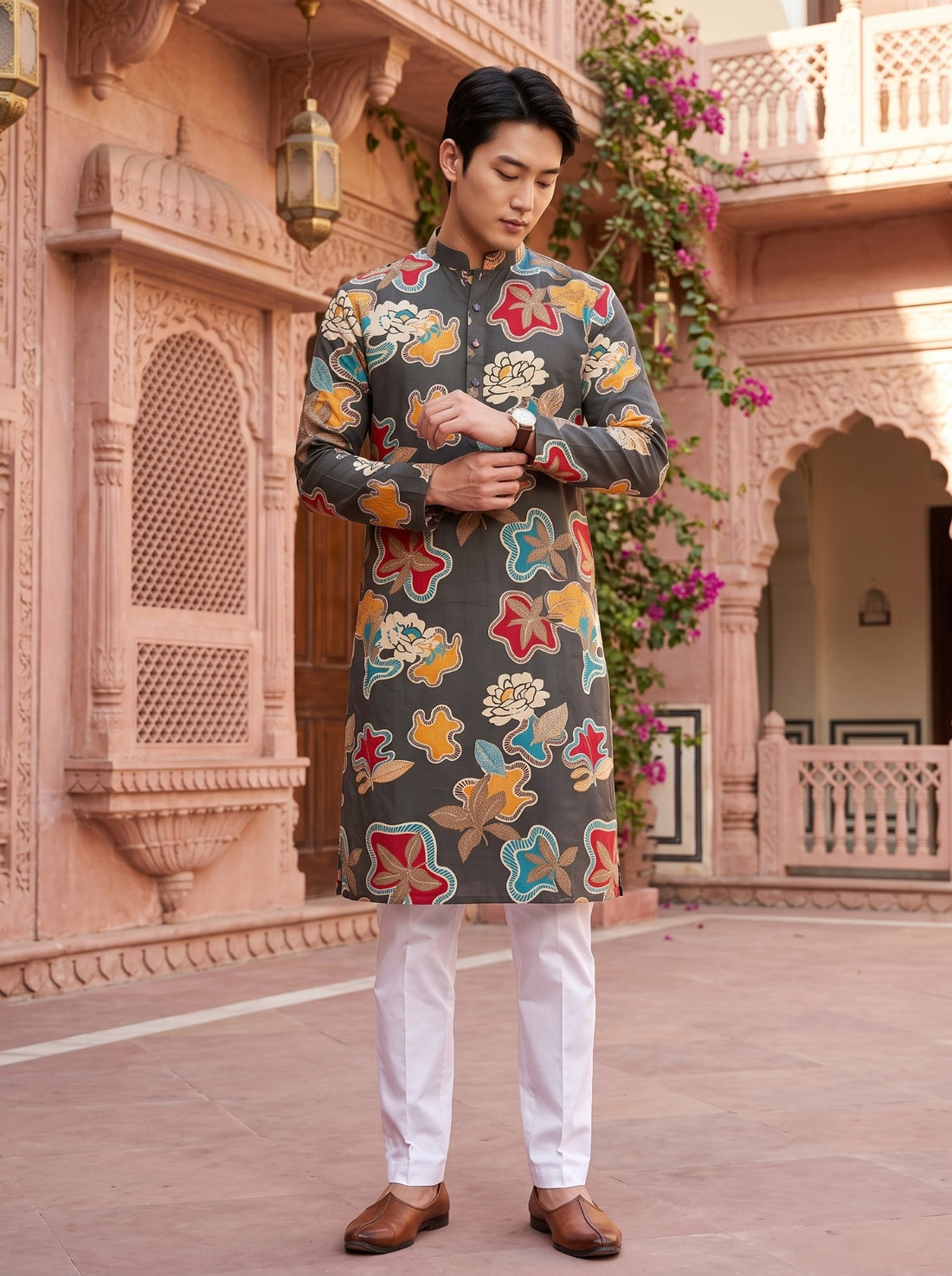 TryBuy TB_21154 men's charcoal abstract floral kurta, full-length view styled with white trousers and brown shoes