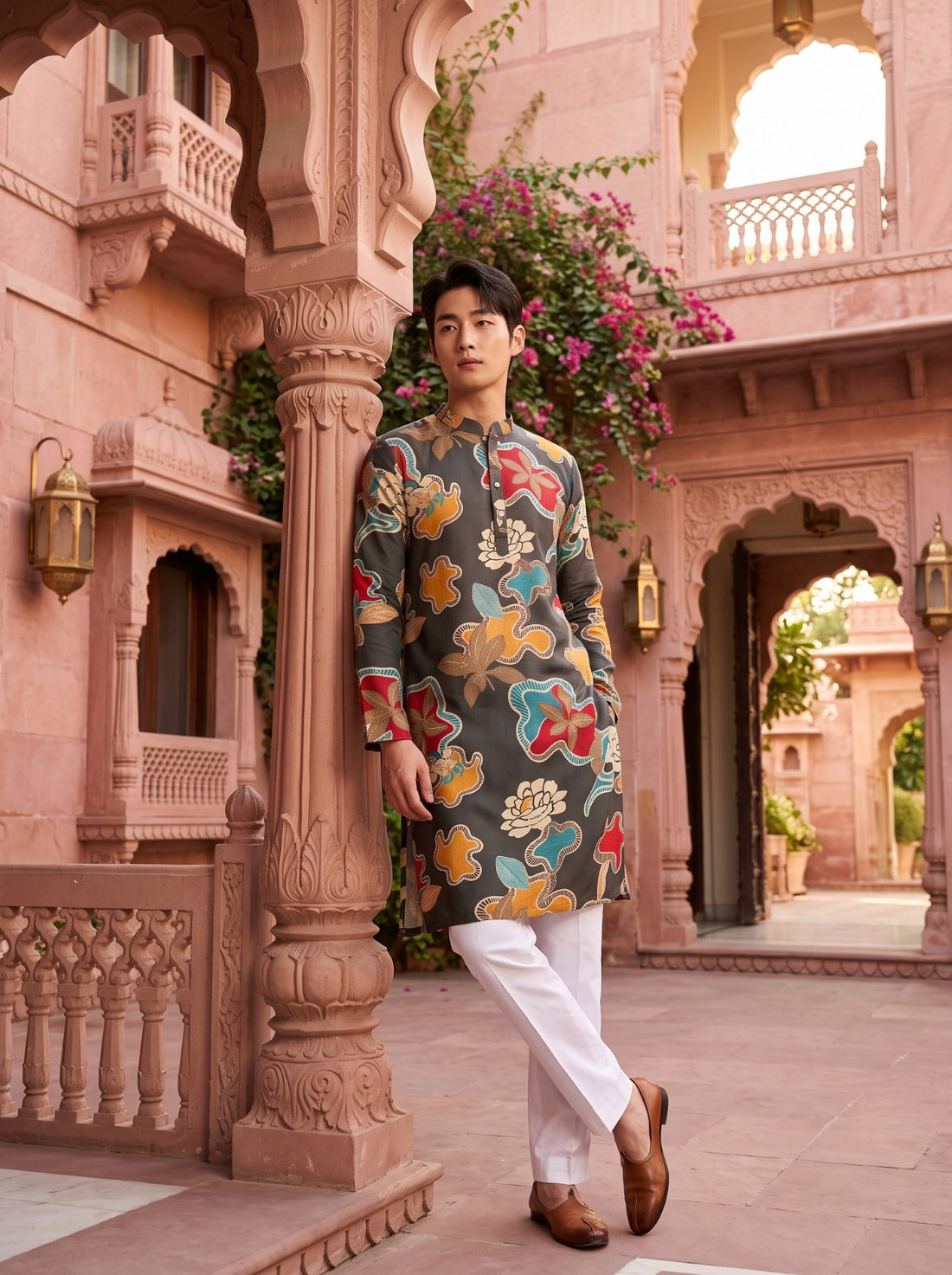 TryBuy TB_21154 men's charcoal abstract floral kurta, relaxed full-length view showing the straight hem and side slits