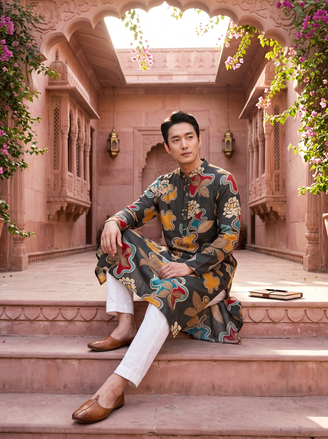 TryBuy TB_21154 men's charcoal abstract floral kurta, seated view showing the natural drape and abstract floral print