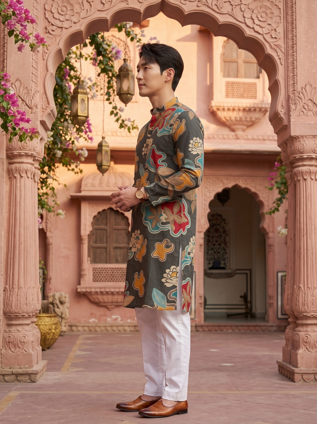 TryBuy TB_21154 men's charcoal abstract floral kurta, side profile showing the kurta length and side slit